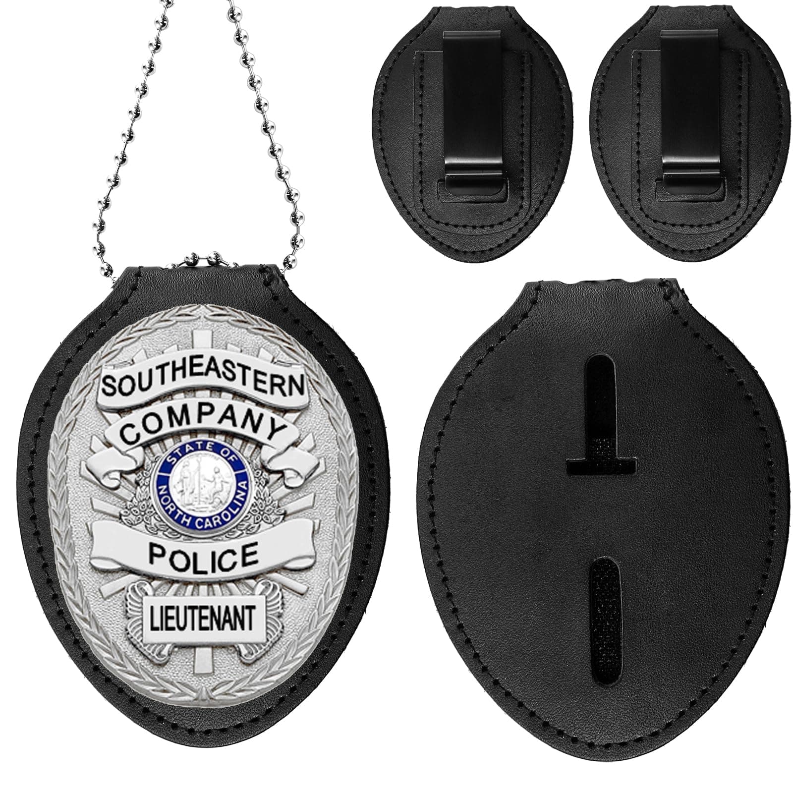 Cedilis 2 Pack Police Badge Holder with Metal Clip, Made of PU Leather, Professional Use for Law Enforcement, Universal, Free Neck Chain, Oval, Black, Badge Not Included