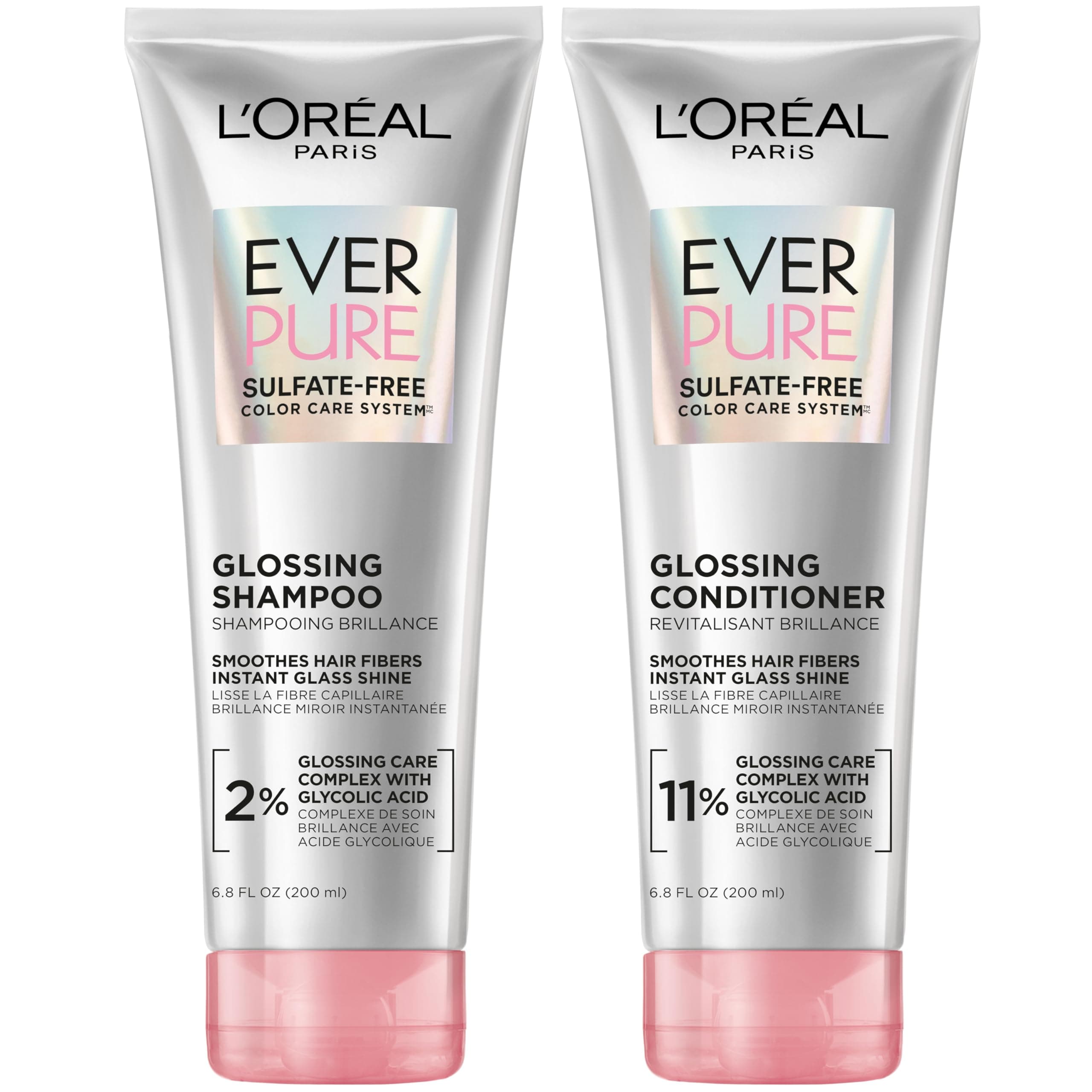 Glossing Sulfate Free Shampoo and Conditioner Set with Glycolic Acid, Hair Care for Lasting Shine and Smoothness for Dull, Dry Hair, EverPure, 1 Kit