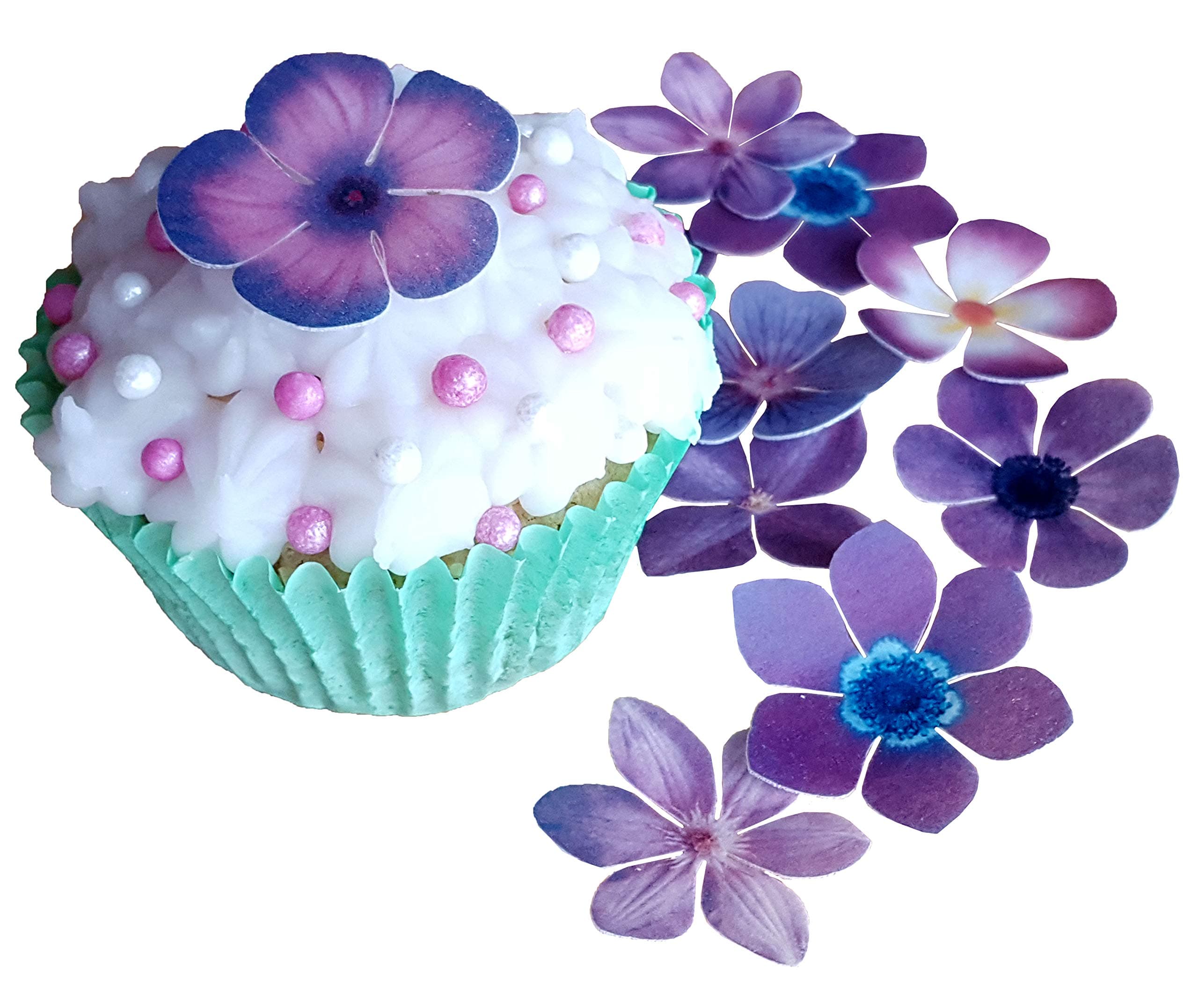 . Pre-Cut Beautiful Purple Flowers Edible Wafer/Rice Paper Pre Cut Cupcake Cake Dessert Toppers Birthday Party Wedding Baby Shower Decorations (Flowers)
