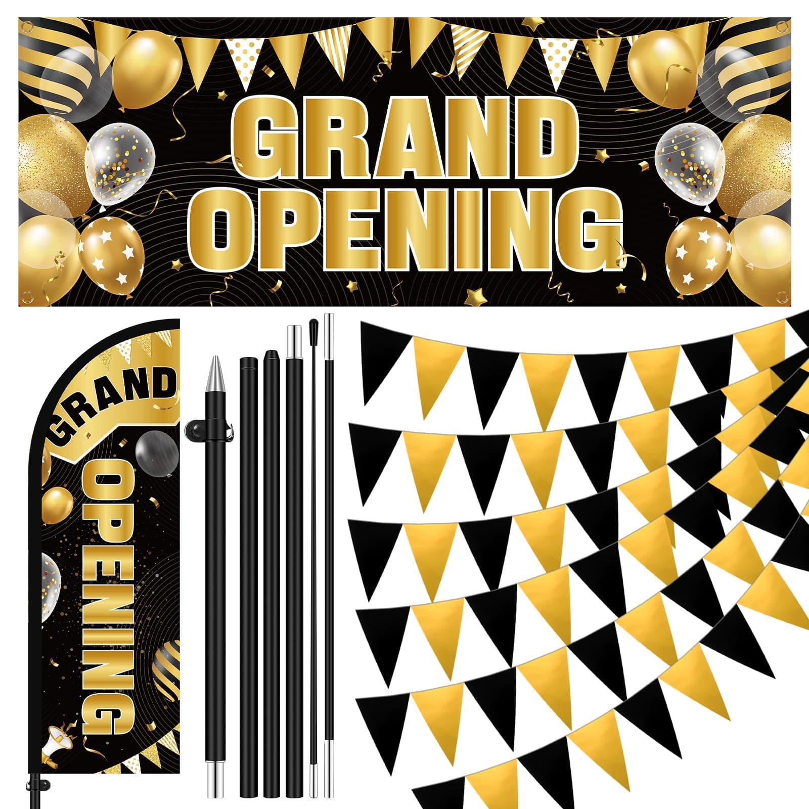 7 ft Black and Gold Grand Opening Banner with Pole Kit Advertising Feather Flag Decorations Grand Opening Store Sign Triangle Flags Set for Business Event Bar Restaurant Grocery Cafes Shop
