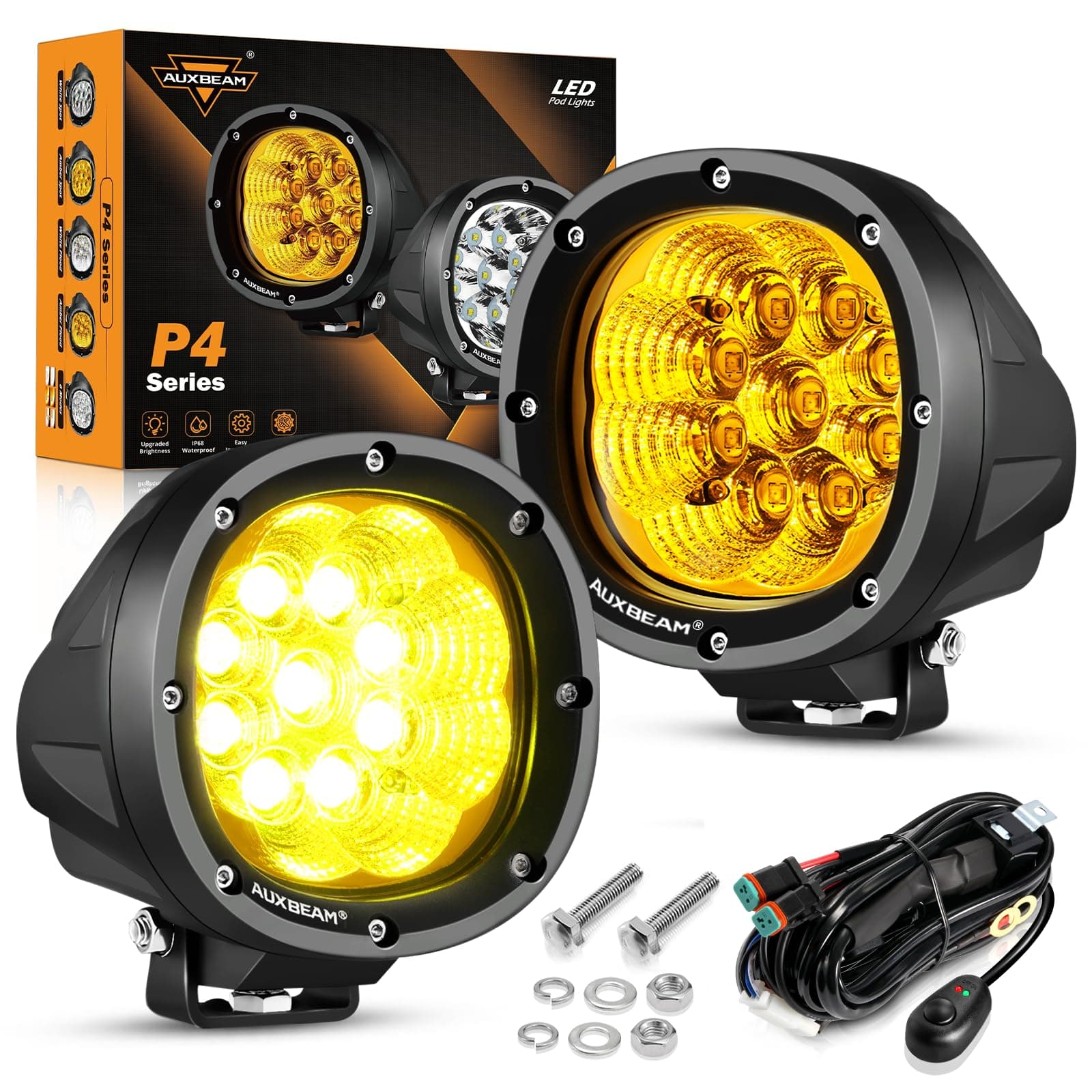 Auxbeam 4 Inch Amber Round LED Driving Light, 2PCS 90W 9000LM Yellow Fog Pods Light Bar Off-Road Flood Work Energy-Efficient Lights with DT Plug Wiring Harness Kit for Truck Jeep Pickup ATV UTV SUV
