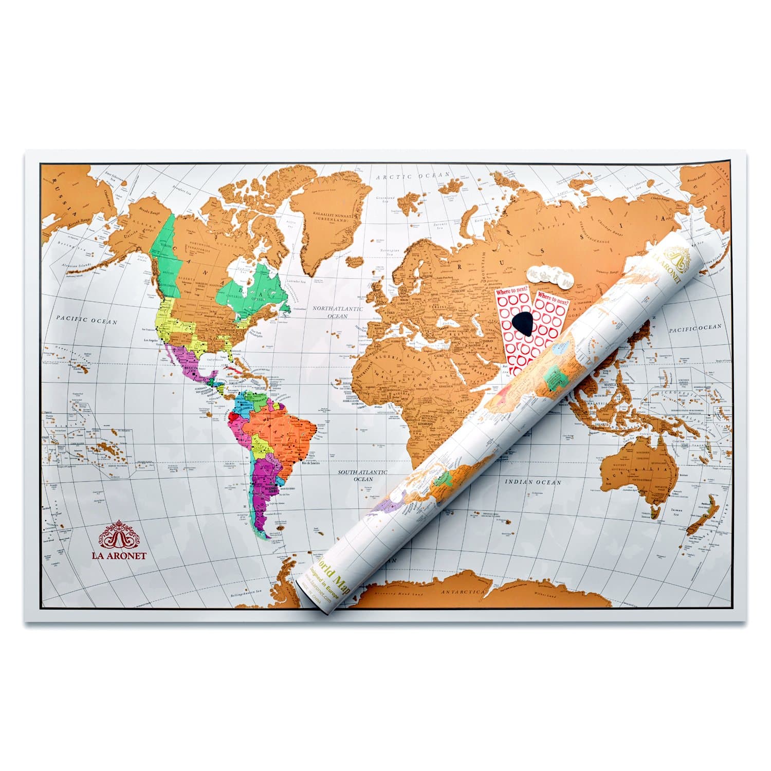 LA ARONET Scratch Off World Map – World Poster with Colorful Countries - Travel Tracker Map for World Travelers (Extra Large Map in Standard Poster Size 22.375in X 34in) Detailed Cartography Map