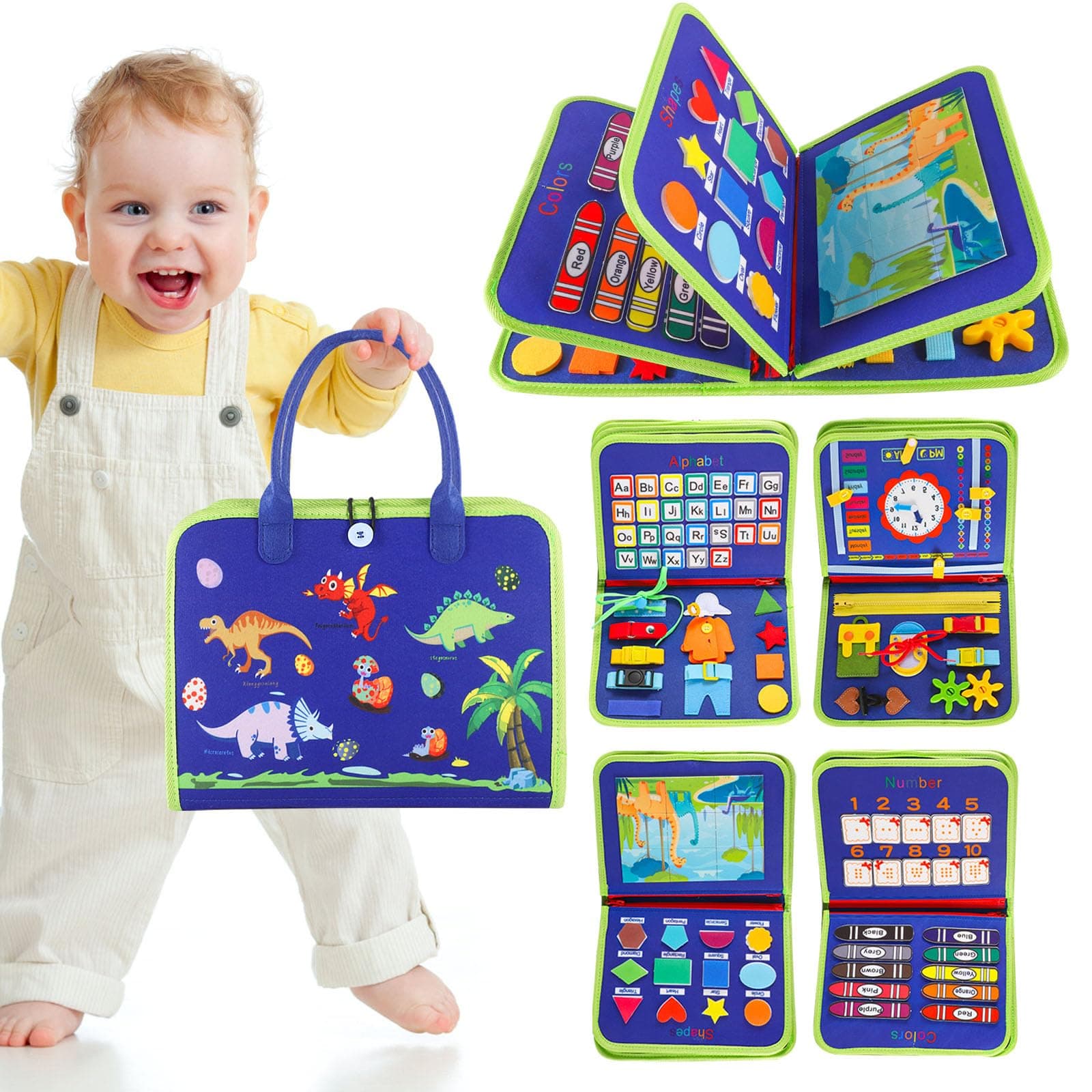 Lanjue Busy Board Sensory Toys for Babies, 22 in 1 Toddlers Activity Educational Learning Fine Motor Skills Preschool Montessori Toddler Travel 1+ Year Old Girls Boys (Dinosaur), Medium (LM-0756)