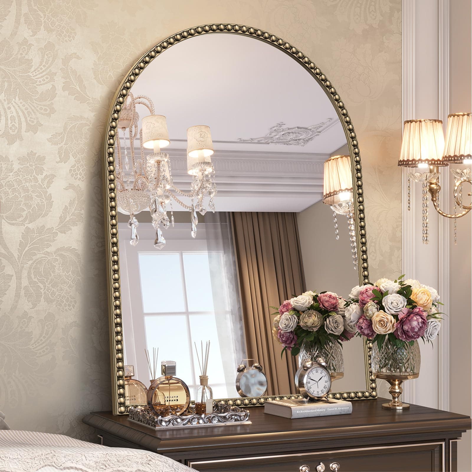 Brauthon Arched Beaded Mirror for Bathroom, 24"x32" Antique Gold Arch Vanity Wall Mirror, Retro Brass Metal Frame Champagne Bronze Mirrors for Bedroom Dressing Room Entryway Fireplace