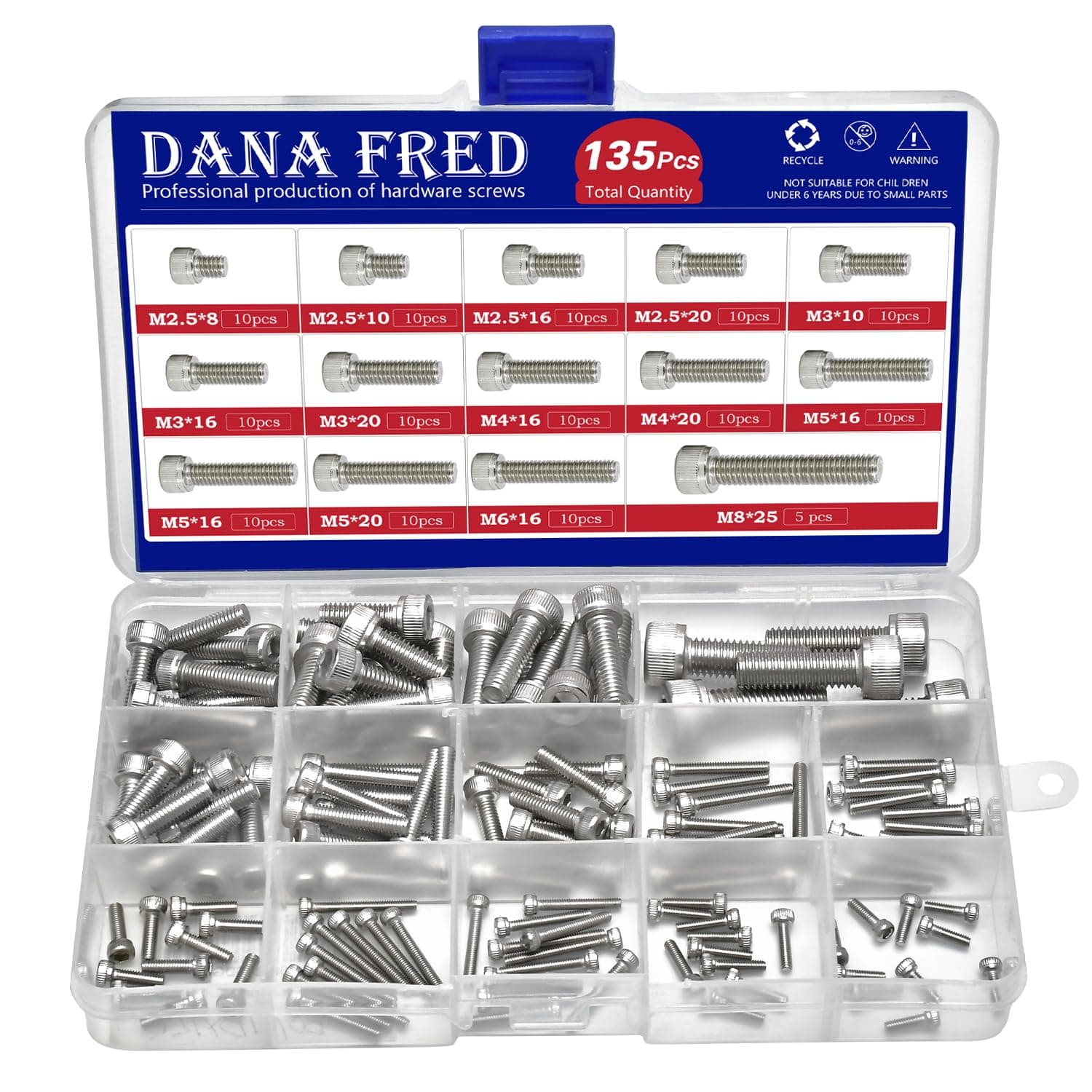 M2.5-M8 Hex Socket Head Cap Screw Metric Thread Hexagon Allen Machine Bolt 135Pcs M2.5 M3 M4 M5 M6 M8 304 Stainless Steel Metal Standard Fastener Hardware Assortment Set for Home Furniture Fastener