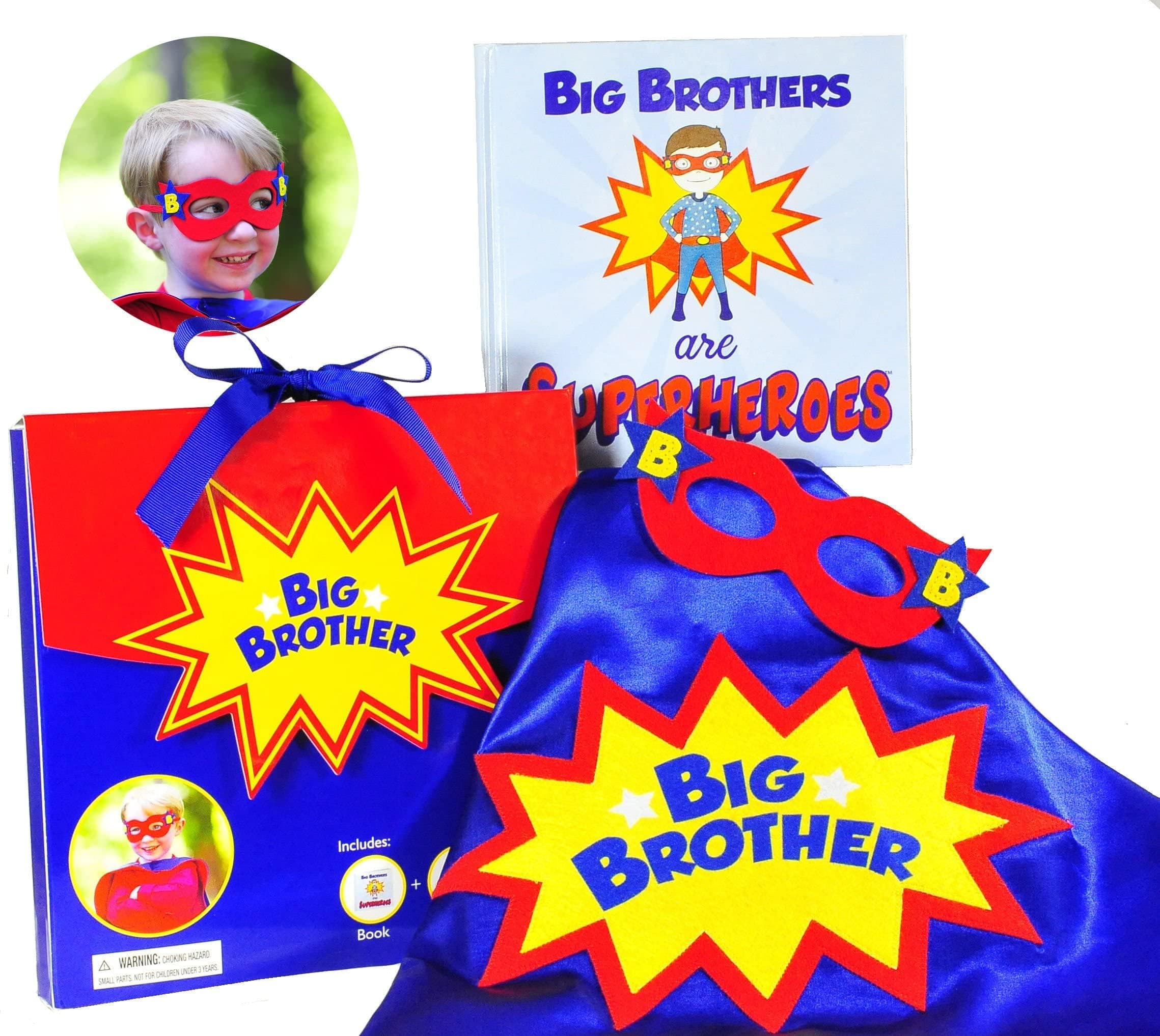 - Tickle & Main Big Brother Gifts for Boy - 3-Piece Satin Superhero Cape & Mask with Storybook, Ages 2+, X-Large, Blue/Red/Yellow - Big Brother Superhero Cape Gift
