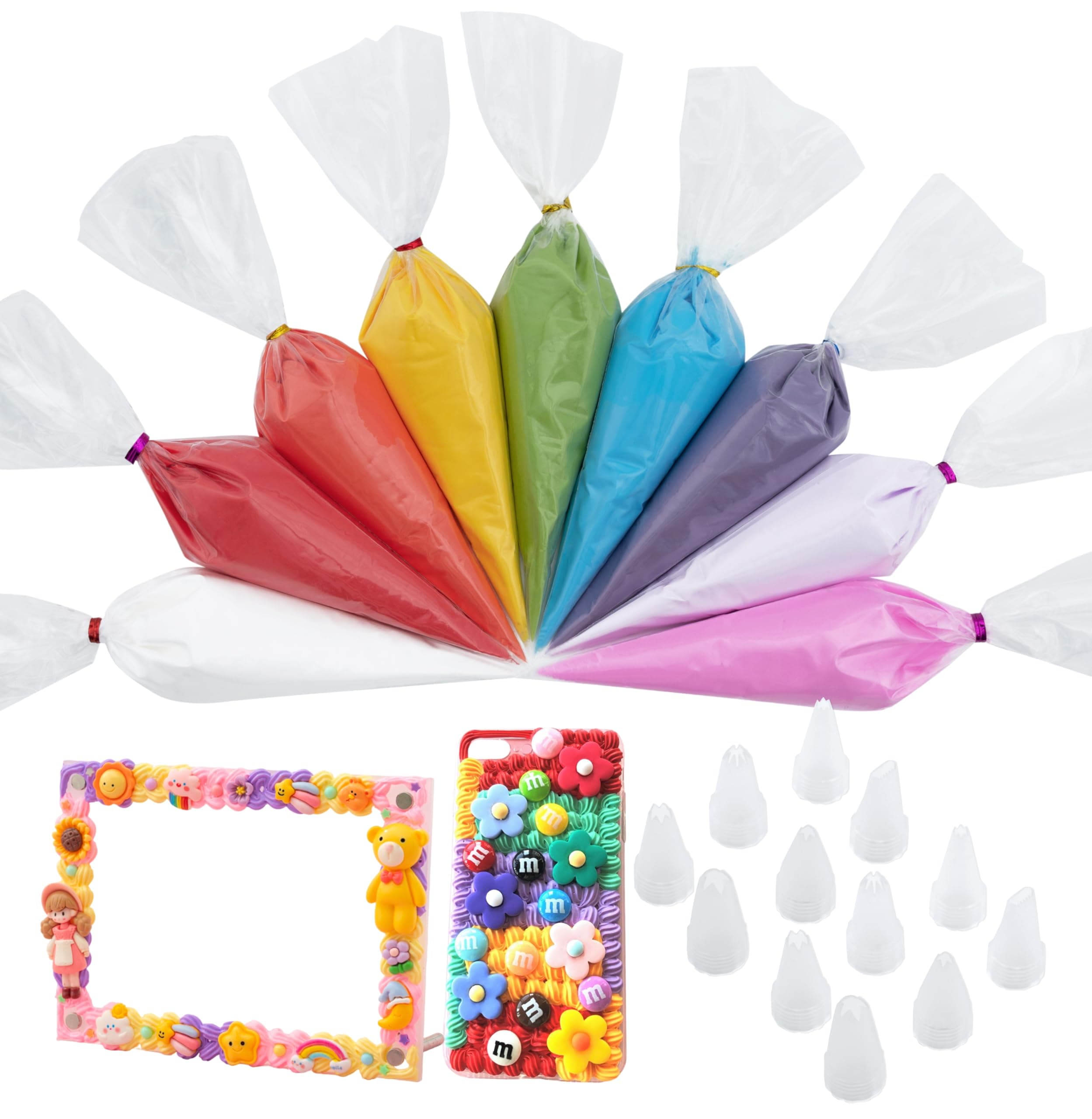 Decoden Cream Large 9PCS Premium Texture Fake Whipped Cream Glue, Decoden Kit, Fake Icing Frosting Whipped Clay with Piping Bags for Crafts and DIY Projects (Rainbow Set)