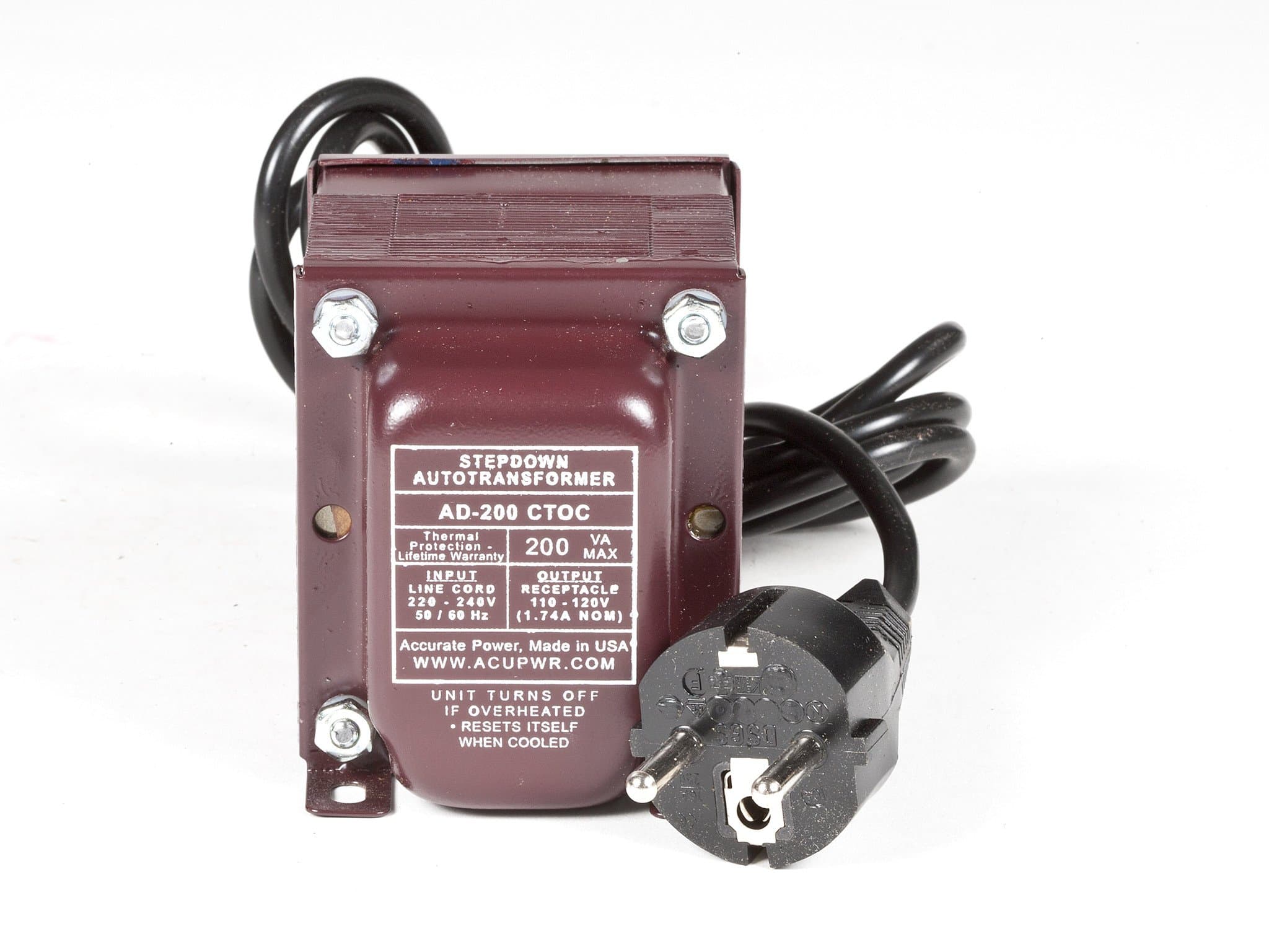 ACUPWR Tru-Watts 200-Watt Step Down Voltage Transformer with IEC C13 Input and Type F Schuko Plug/Power Cord – Use 110-120-volt Appliances in 220-240-volt Countries - AD-200IEC