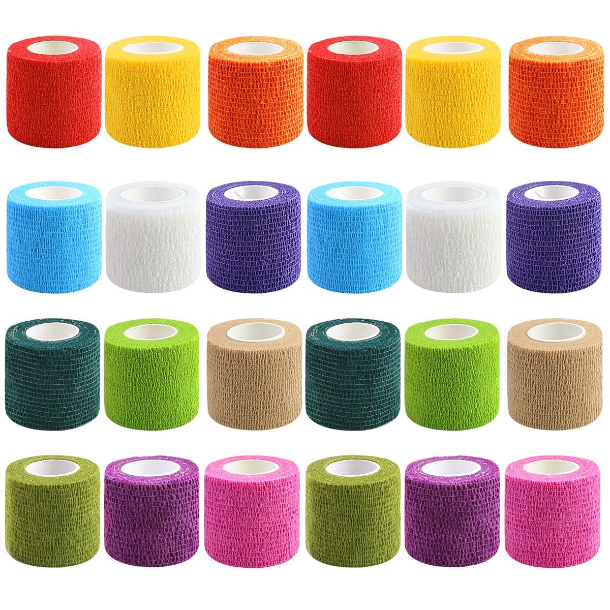 Pralb 24Pcs Adhesive Wrap Bandage Rolls Assorted Color Breathable Cohesive Bandage Wrap Rolls Elastic Self-Adherent Tape for Stretch Athletic, Sports, Wrist, Ankle, 2" x 5 Yards