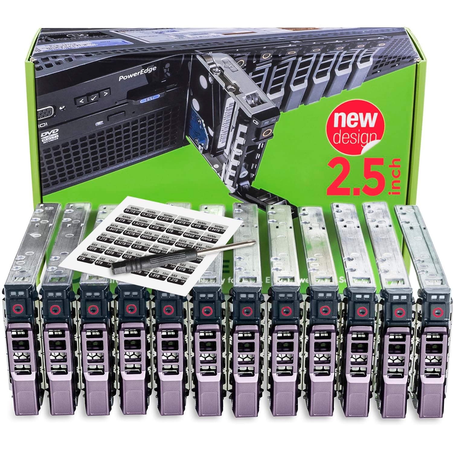 12-Pack 2.5" Drive Caddy - G176J Compatible for Dell PowerEdge Servers T440 T640 R430 T430 R630 T630 R730xd R830 R930 T620 R720 R820 - Sled Sticker Labels - Manual - Additional Tray Screws