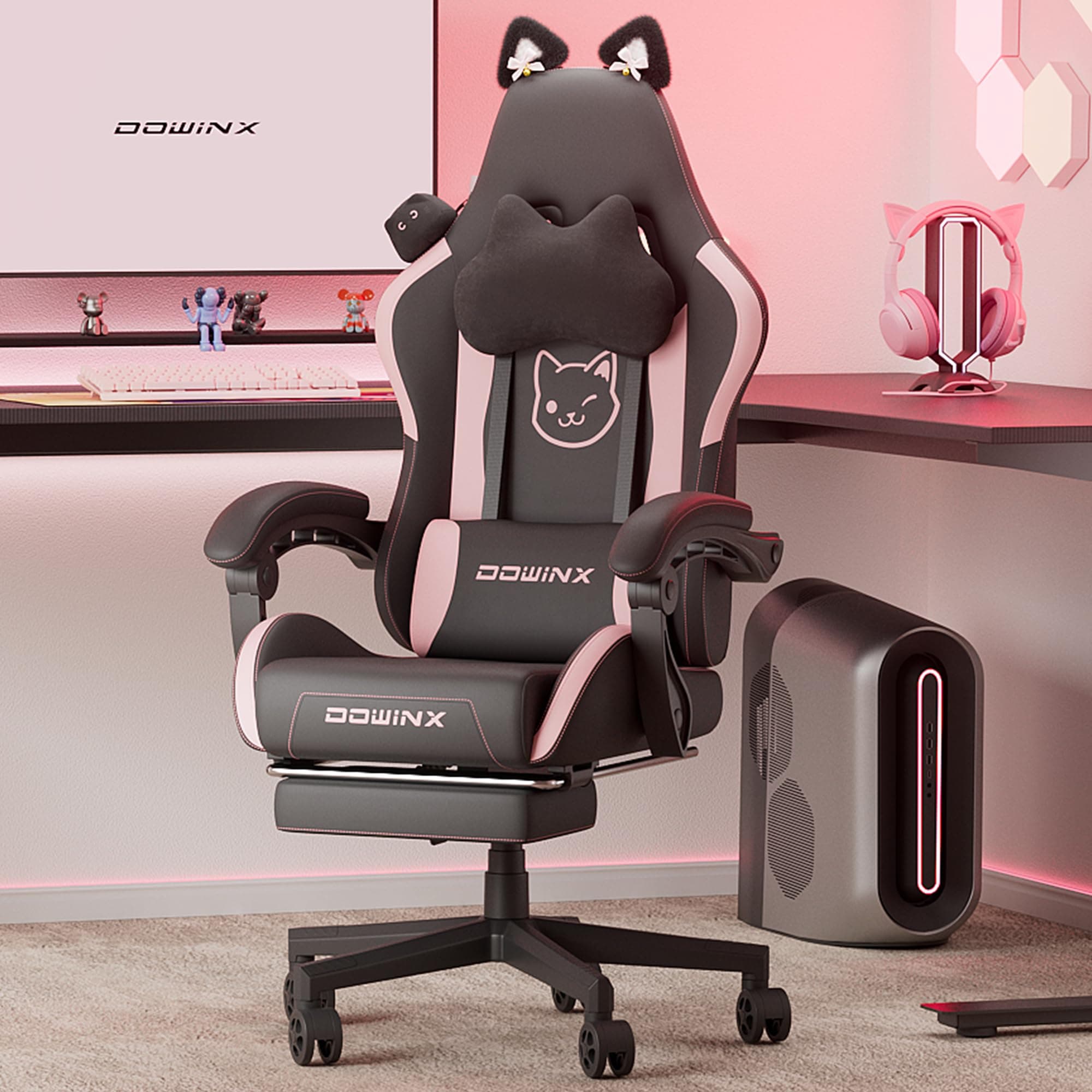 Gaming Chair Cute with Cat Ears and Massage Lumbar Support, Ergonomic Computer Chair for Girl with Footrest and Headrest, Comfortable Reclining Game Chair 290lbs for Adult, Teen, Black