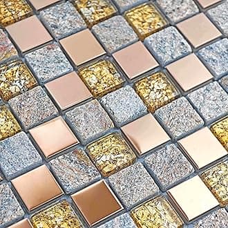 Luxury Glass Stone Tile Rose Gold Glitter Metal Mosaic Accent Backsplash Tiles in Kitchen Bathroom Walls and Fireplace Decor (5 Square Feet)