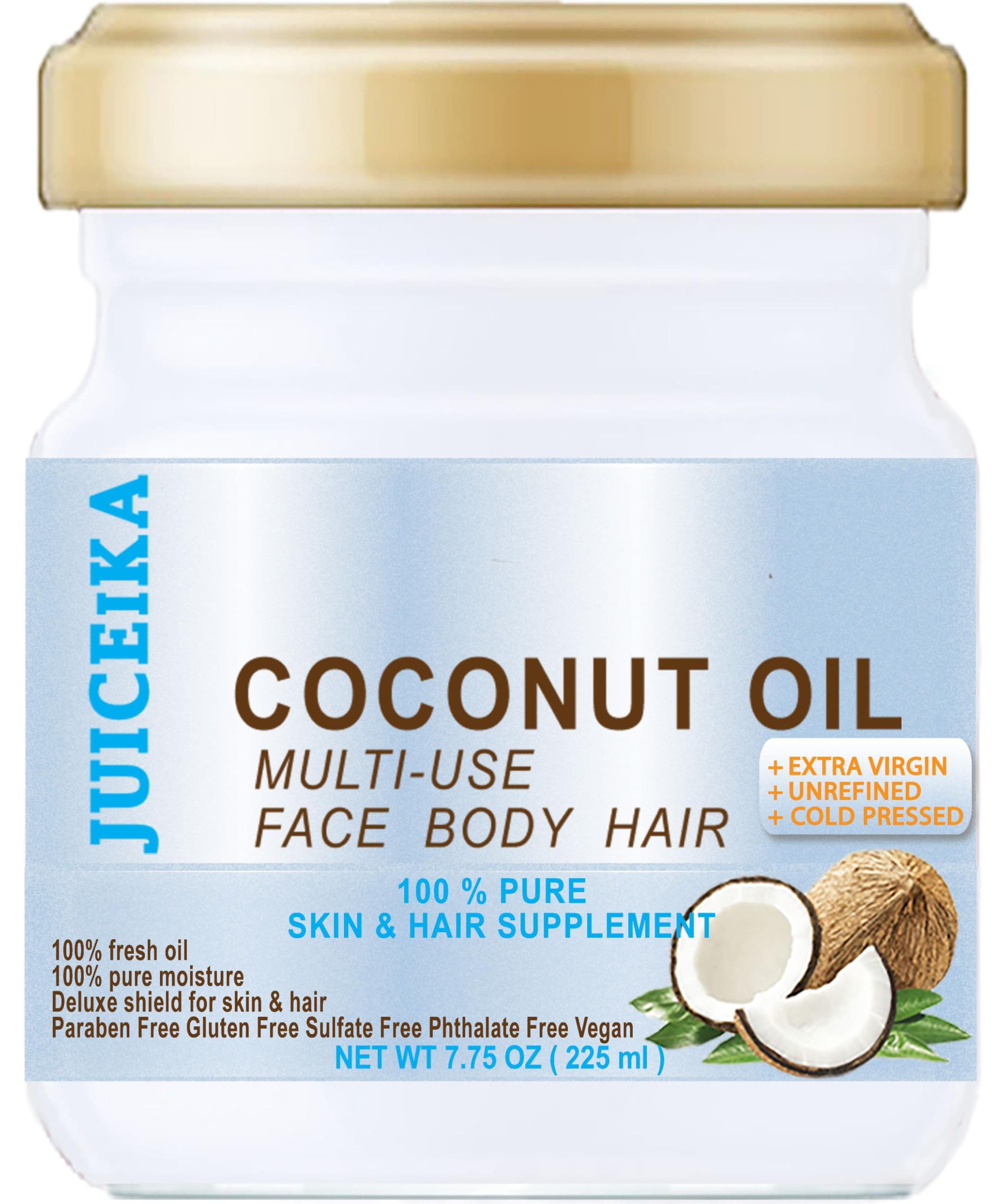 COCONUT OIL Pure EXTRA VIRGIN UNREFINED COLD PRESSED 7.75 Fl.oz 225 ml for Face, Skin, Hair, Lip, Nails