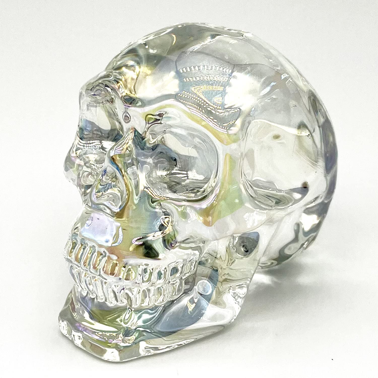 Crystal Skull Statues 2.8" Clear Translucent Carving Skull Head Figurines K9 Crystal Skull Sculpture Gemstone Halloween Decor White Plating