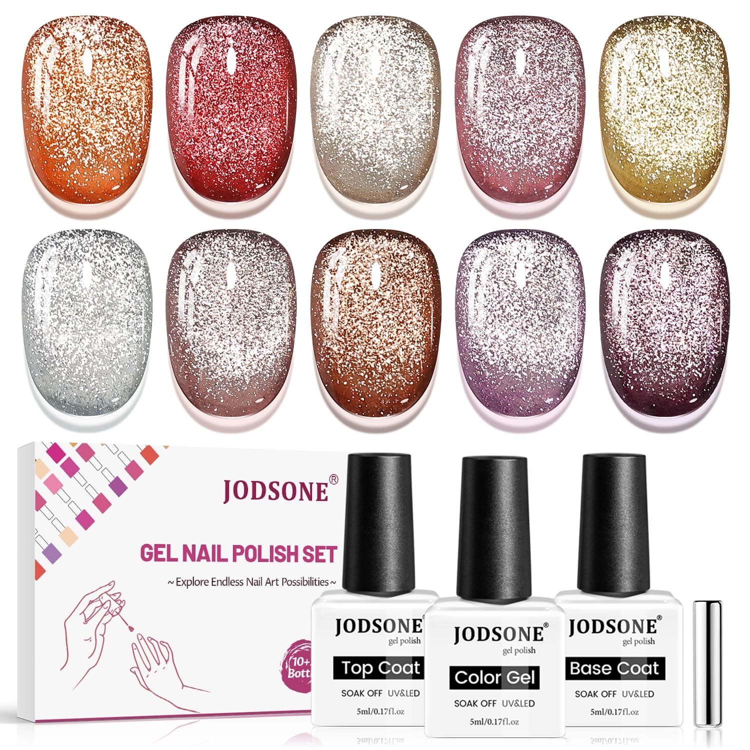 JODSOEN Cat Eye Gel Nail Polish Set 10 Colors Red Purple Silver with Magnetic Base Coat Top Coat Magnetic Effect Sparkle Stunning Soak Off U V Manicure Gifts