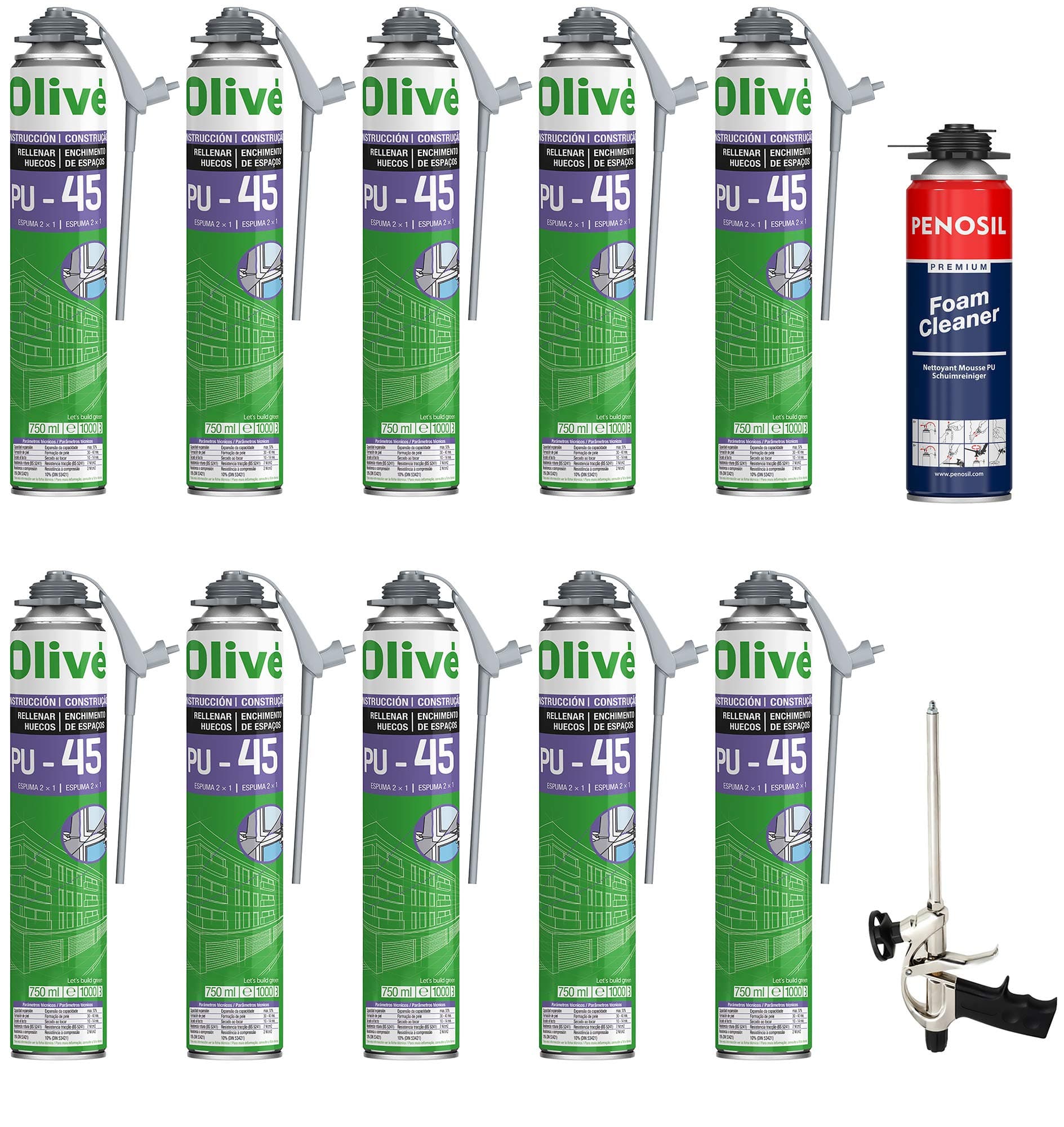 Pack of 10 x 750 ml expanding polyurethane foam canisters for spray guns + 1 spray gun and 1 cleaner