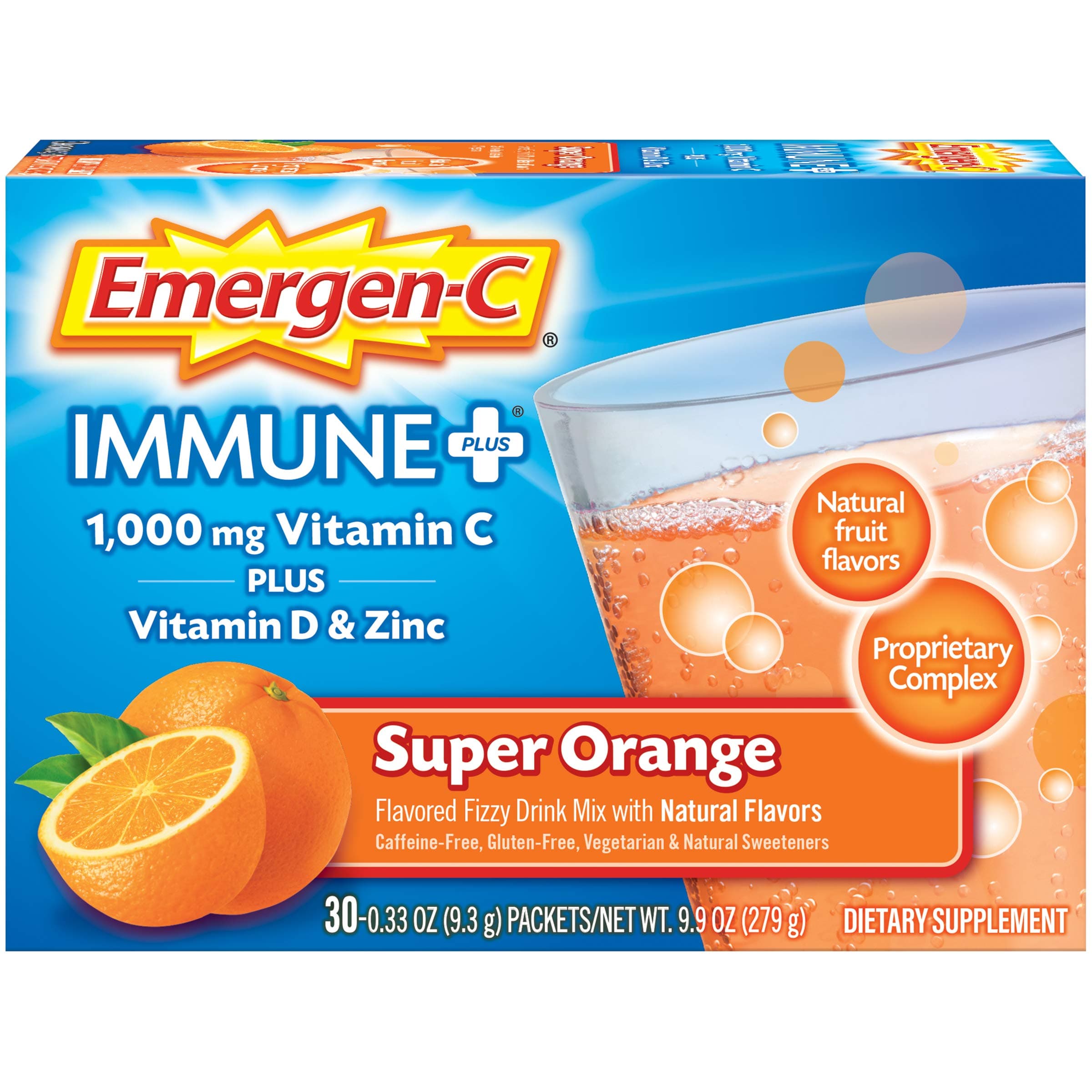 Immune+ 1000mg Vitamin C Powder, with Vitamin D, Zinc, Antioxidants and Electrolytes for Immunity, Immune Support Dietary Supplement, Super Orange Flavor - 30 Count/1 Month Supply
