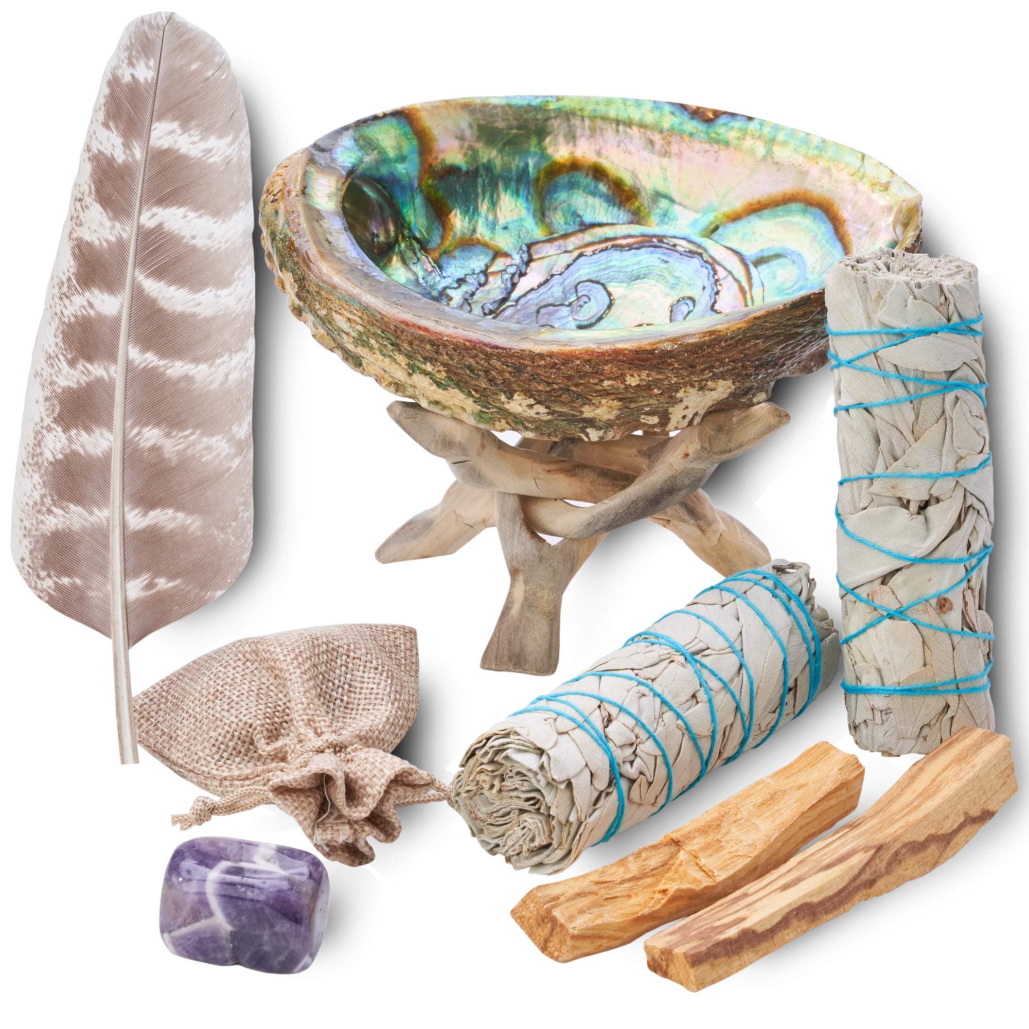 Smudging & Energy Cleansing Kit with Amethyst, White Sage, Palo Santo, Abalone Shell, Stand & Guide (Regular)