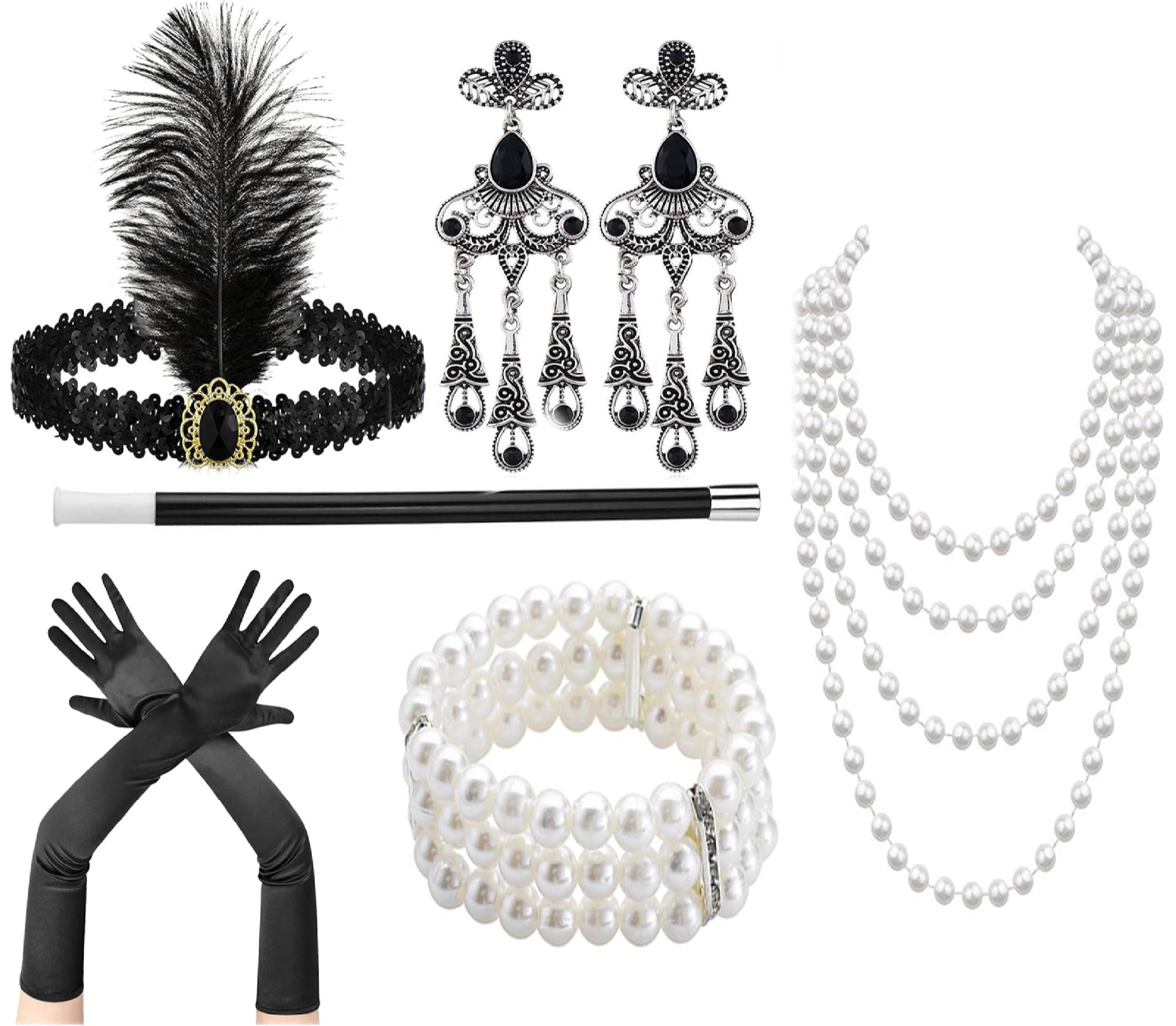 1920's Flapper Accessory Set for Women Great Gatsby Costume Accessories 20s Headband Headpiece Pearl Necklace Gloves
