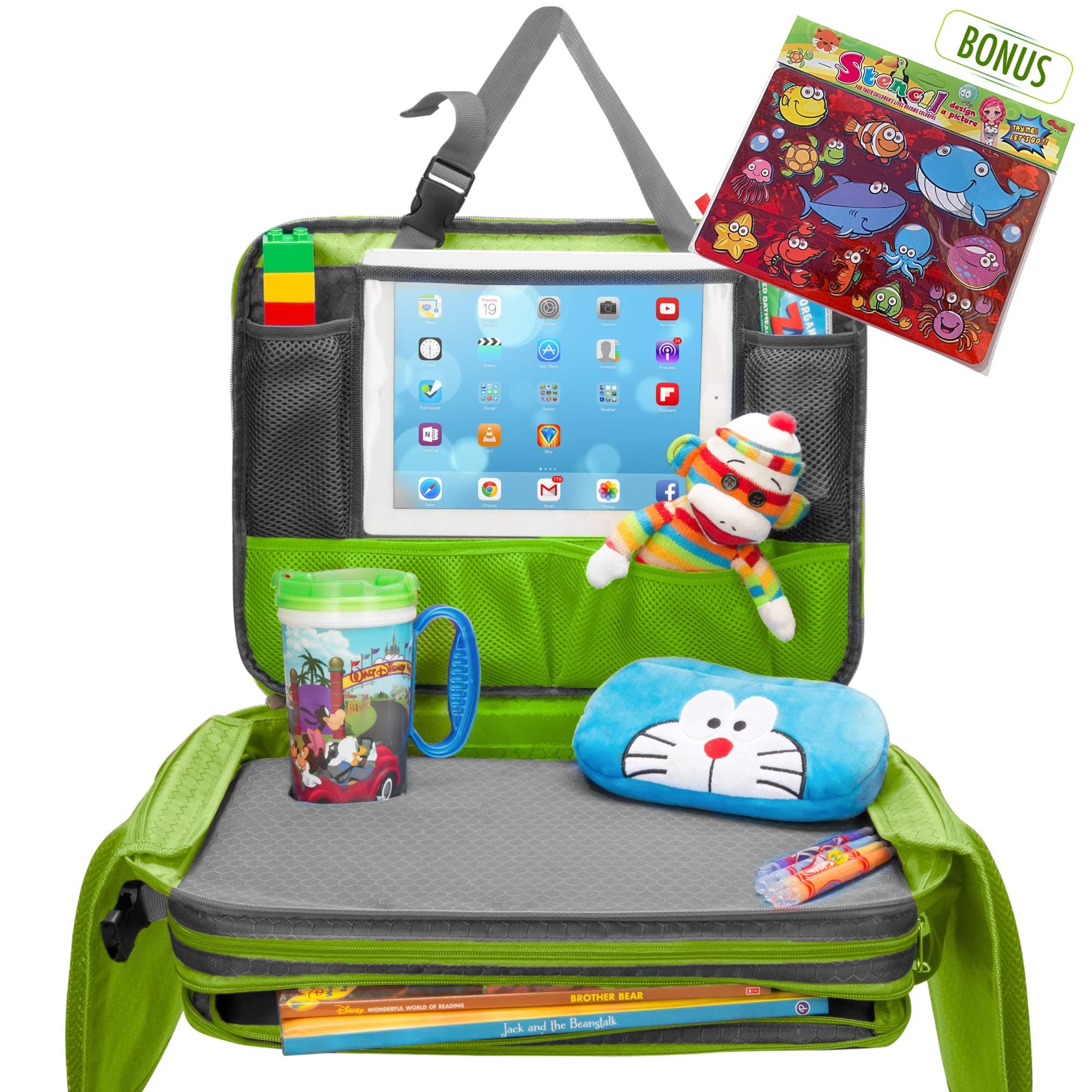 Kids Travel Tray - Detachable Top 4-In-1 Car Organizer w Tablet Holder - Play Snack Lap Table - On The Go Activity Desk for Children Toddlers - Backseat Storage - Stroller Accessories w Extra Bonus
