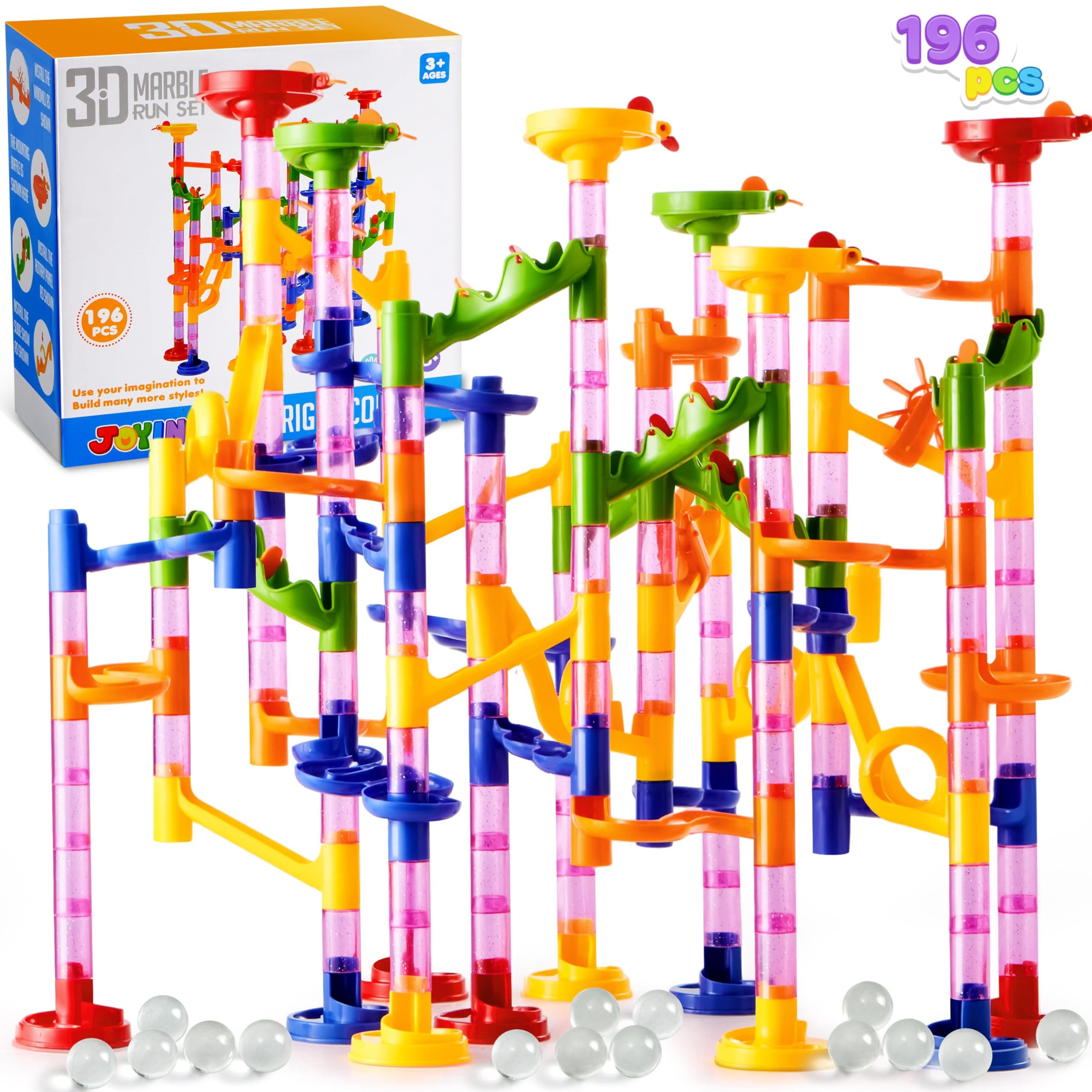JOYIN Marble Run Premium Set(196 Pcs- Construction Building Blocks Toys, STEM Educational Toy, Building Block Toy(156 Translucent Plastic Pieces+ 40 Glass Marbles)