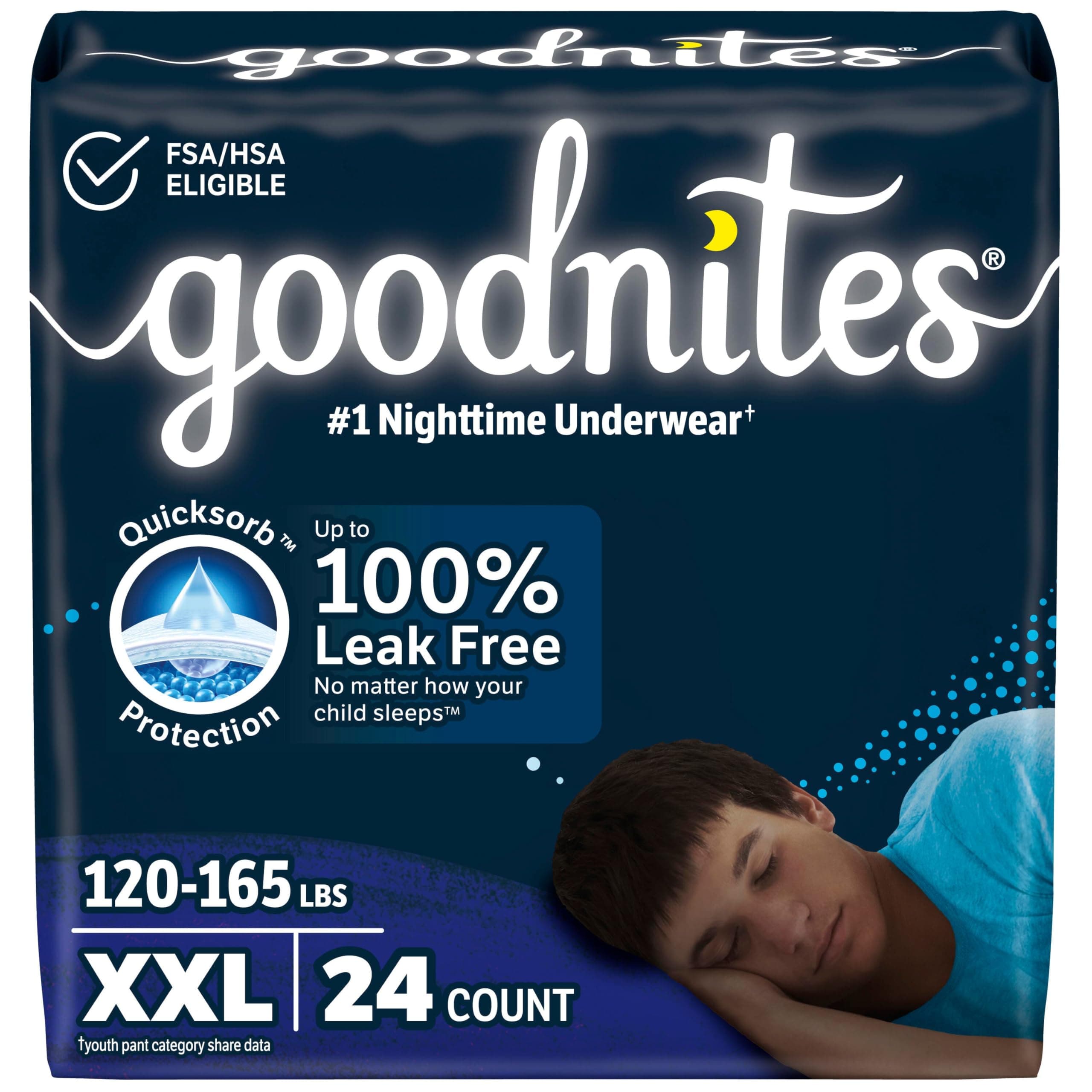 Goodnites Boys' Nighttime Underwear, Size XXL (120-165 lbs), 24 Ct (2 Packs of 12), Packaging May Vary