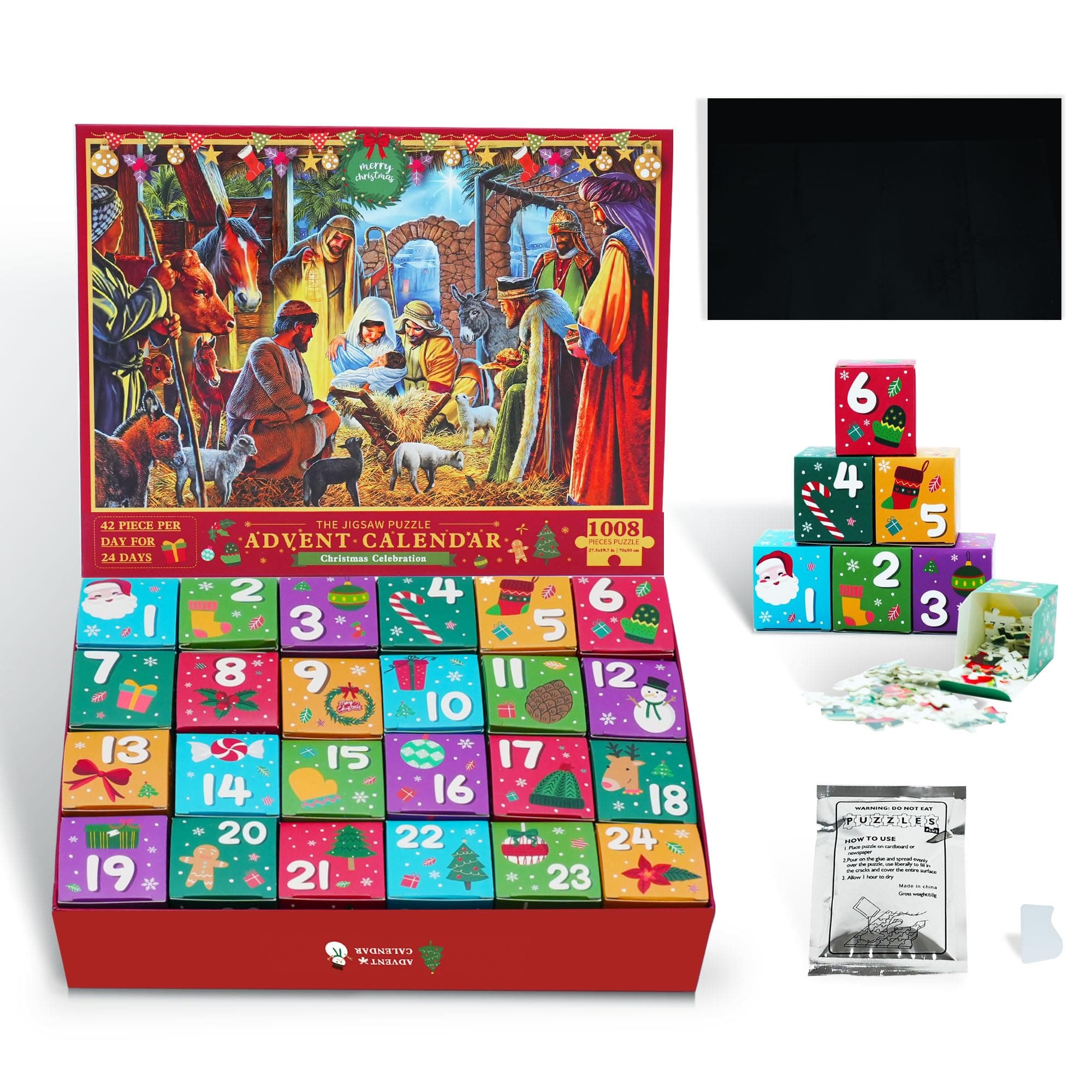 Advent Calendar 2024 Jigsaw Puzzles with Puzzle Mat, Nativity Scene Jigsaw Puzzles 1008 Pieces, 24 Days Surprise Christmas Countdown Calendars Gift for Kids Adults