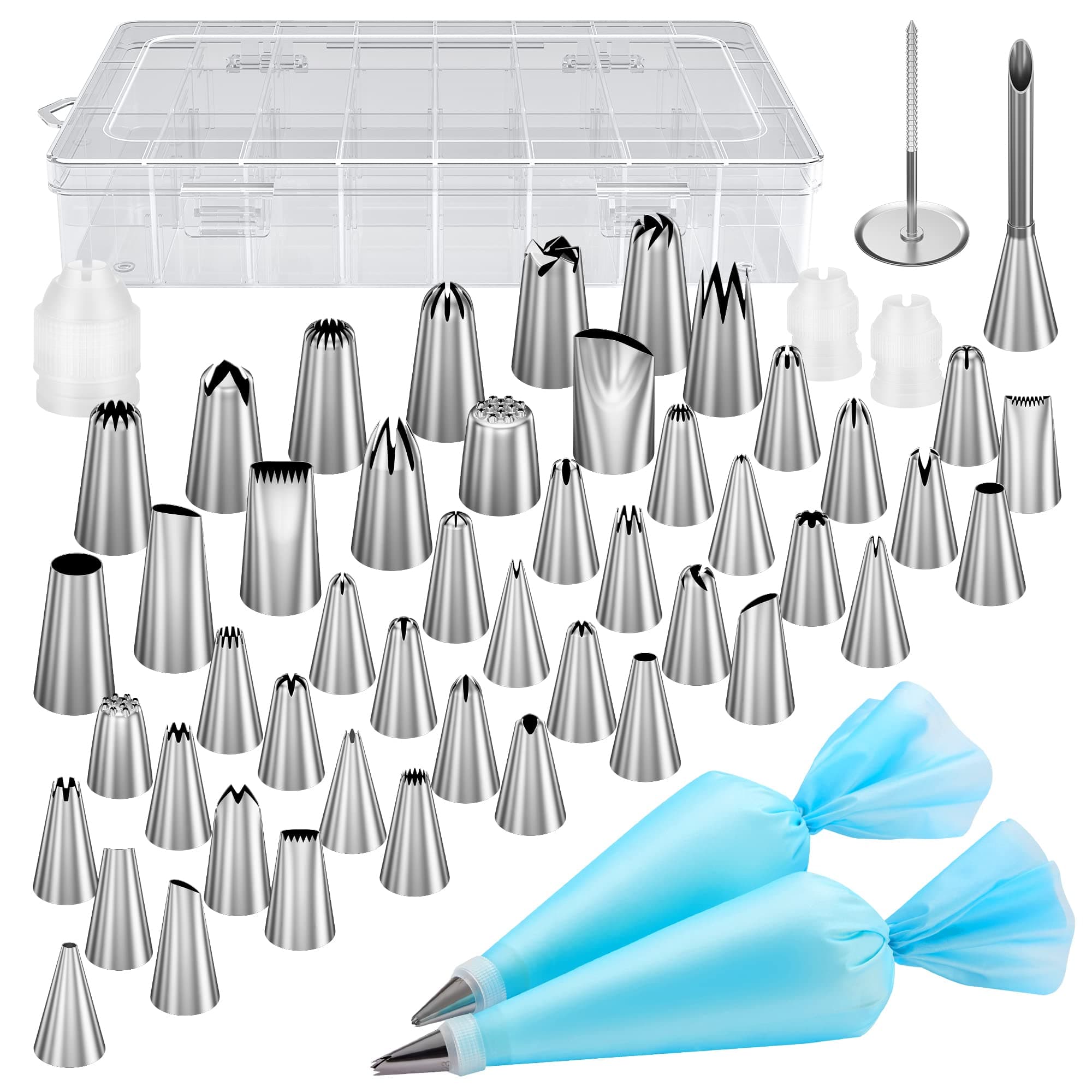 54 in 1 Piping Bags and Tips Set with 13 Large Size Piping Tips, 35 Standard Size Icing Tips, 2 Reusable Pastry Bags 12 Inch, Cake Decorating Kit Supplies, Frosting Piping Kit for Cake, Cupcake