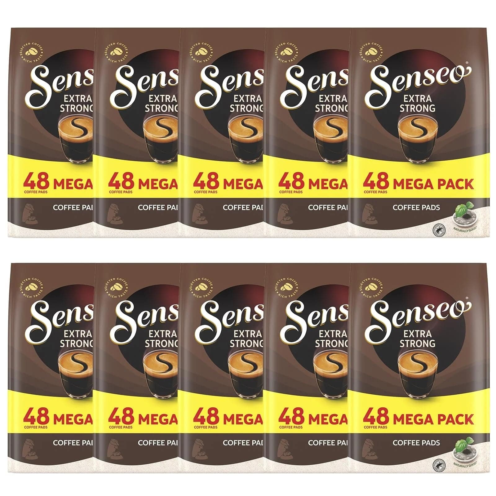 Extra Strong Dark Roast Coffee Pods, 48 Count (Pack of 10) - Single Serve Coffee Pods Bulk Pack for Senseo Coffee Machine - Compostable Coffee Pods for Hot or Iced Coffee, Cold Brew Coffee