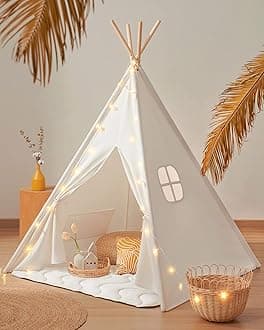 Tiny Land White Canvas Teepee Childrens Play Tent with Floor Mat - Cotton Foldable Portable Teepee Tent Playhouse for Kids - Fun Outdoor Indoor Child Play Tent with Window, by