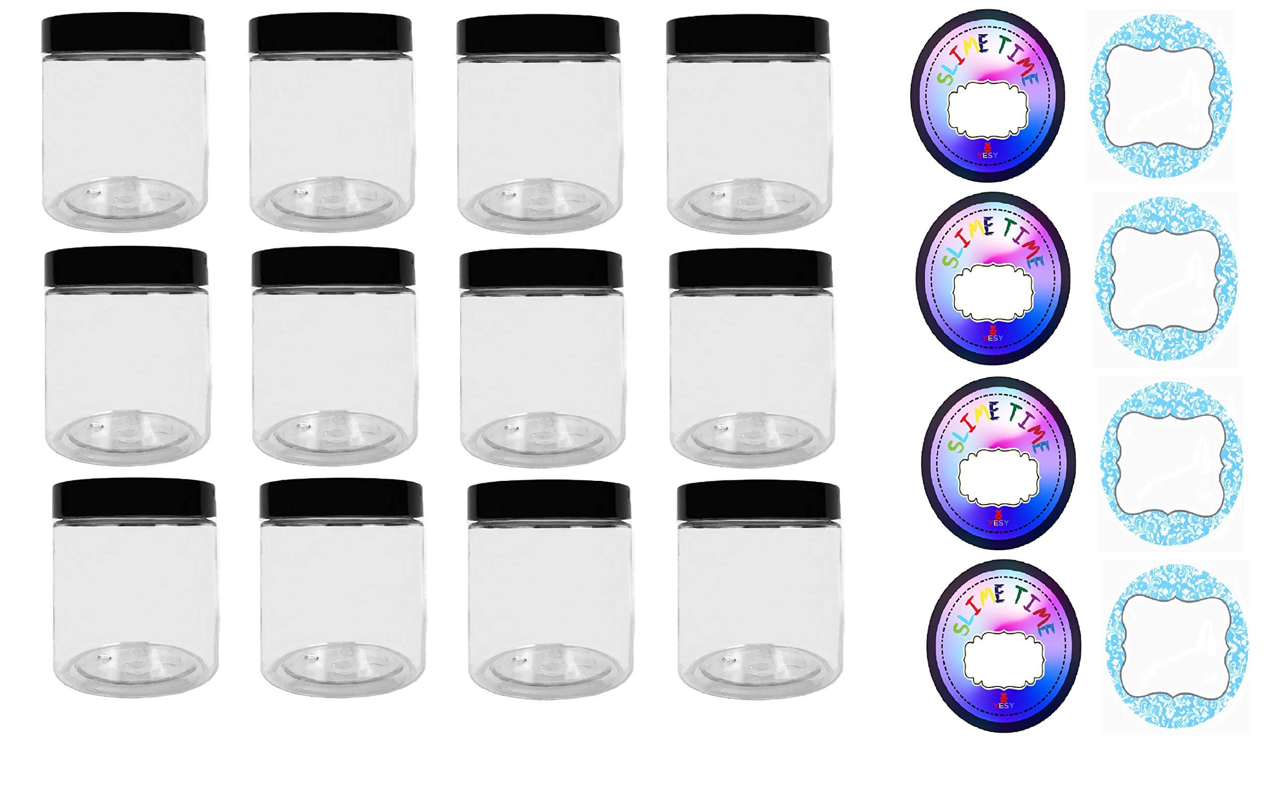Slime Storage Container Jars with Lids - 12 Pack - 8.5 oz. Clear Slime Craft Jars with Lids and 2 Sets of Labels. Empty Leak Proof Slime and Craft Storage Jars, BPA Free
