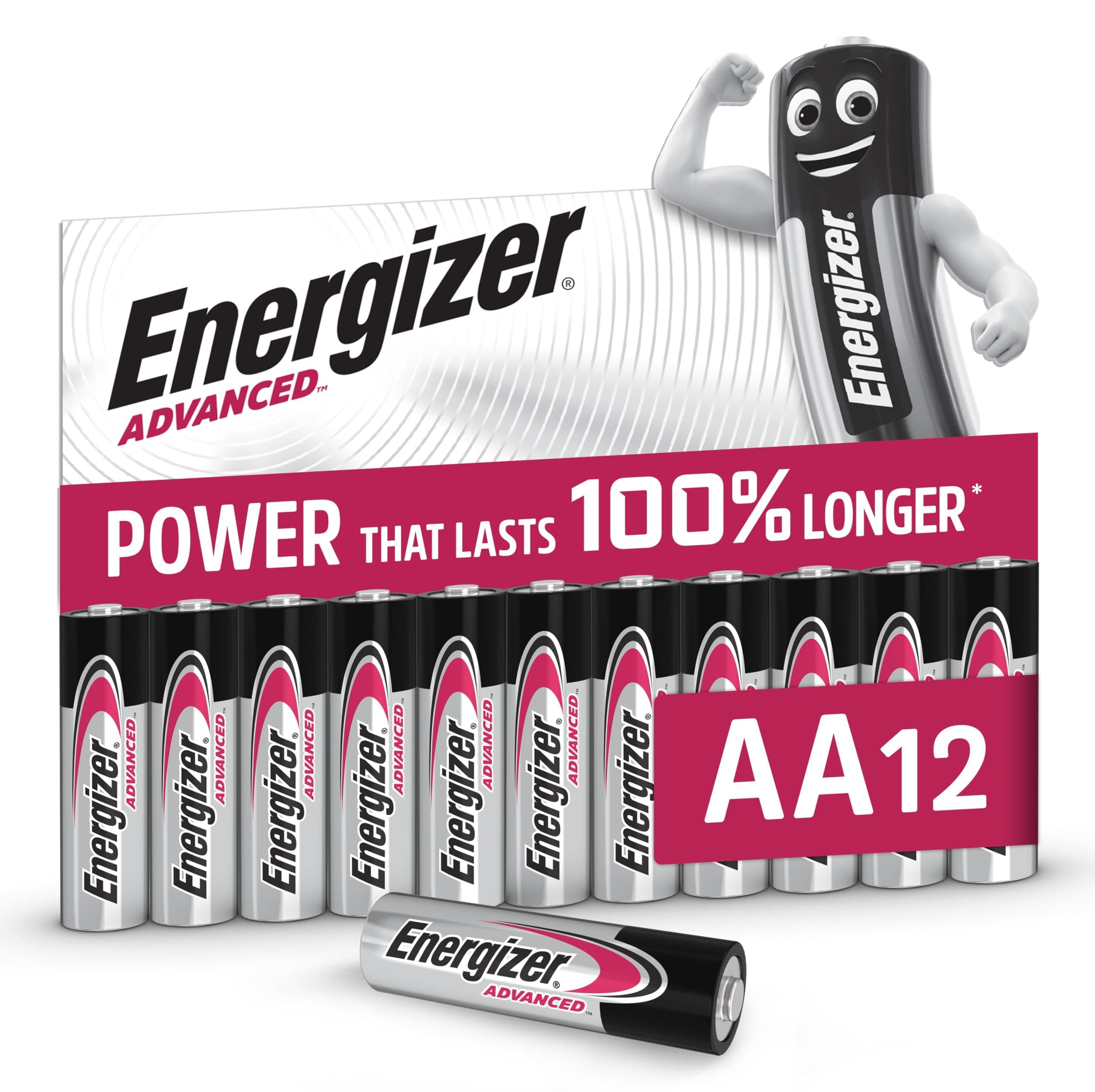 Energizer Advanced - AA Batteries (12 Pack) - Double A Battery 1.5V - Up To 100% Longer Lasting - Ideal for High-Drain Devices - 0% Plastic Packaging - 10 Year Shelf Life [Amazon Exclusive]