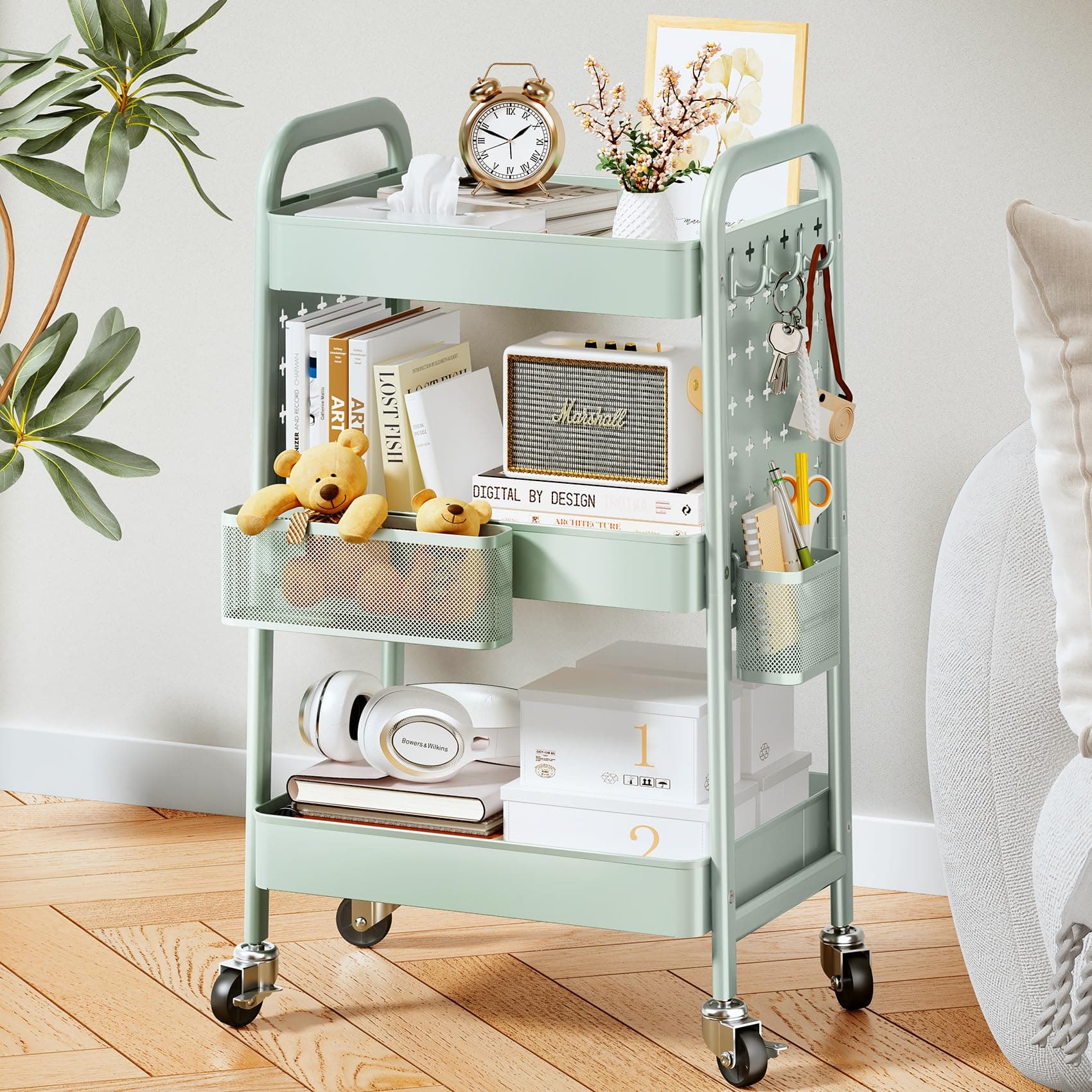 Rolling Utility 3 Tier Organizer Cart with Wheels - Metal Craft Storage Cart with DIY Dual Pegboards, Removable Baskets Hooks for Office, Home, Kitchen, Classroom (Green)