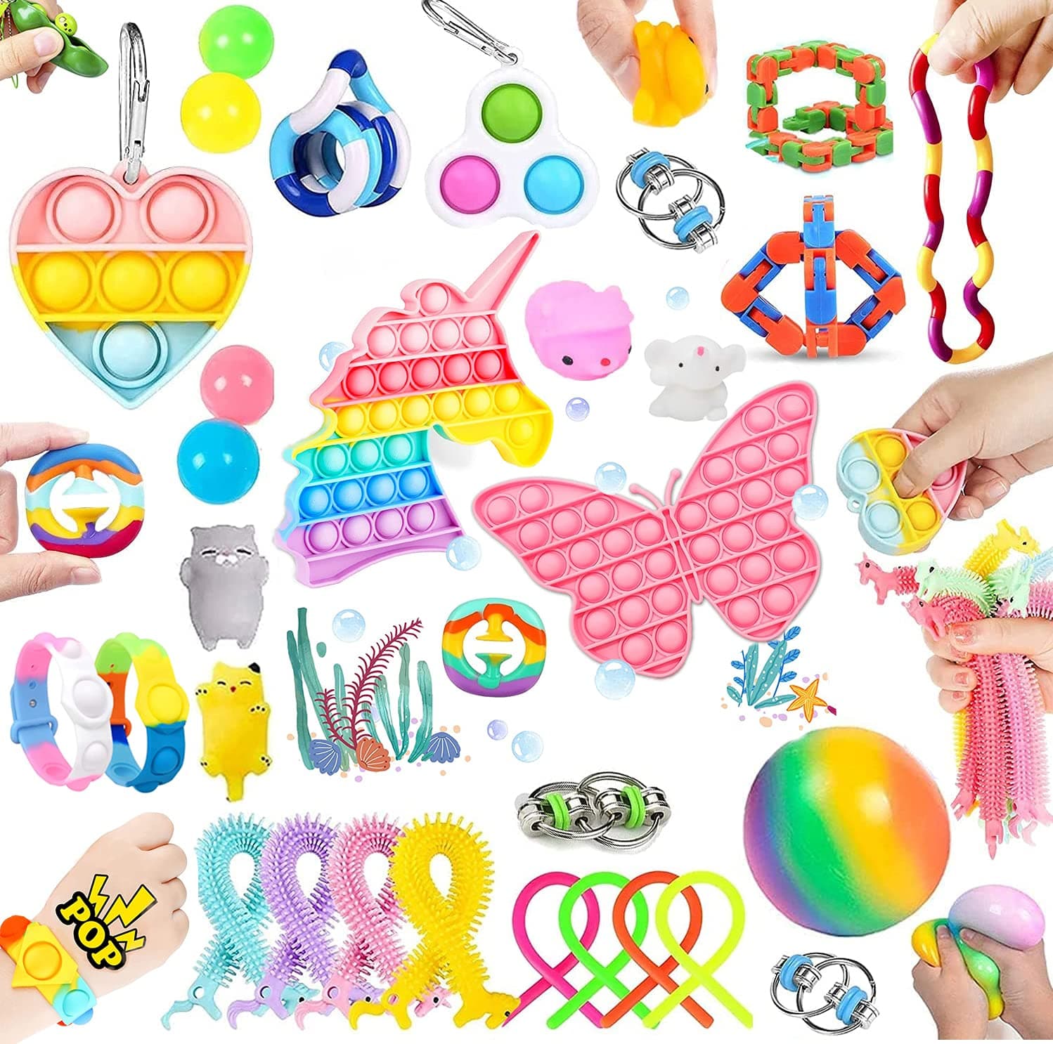 32 Pcs Fidget Toys Set Cheap,Sensory Relief Toys Set For Kids Stress And Anxiety Relief Fidget Toys, Cheap Fidget Toys Set Kit With Pop it Bracelet,pop tubes,Stress & Sticky balls, Etc