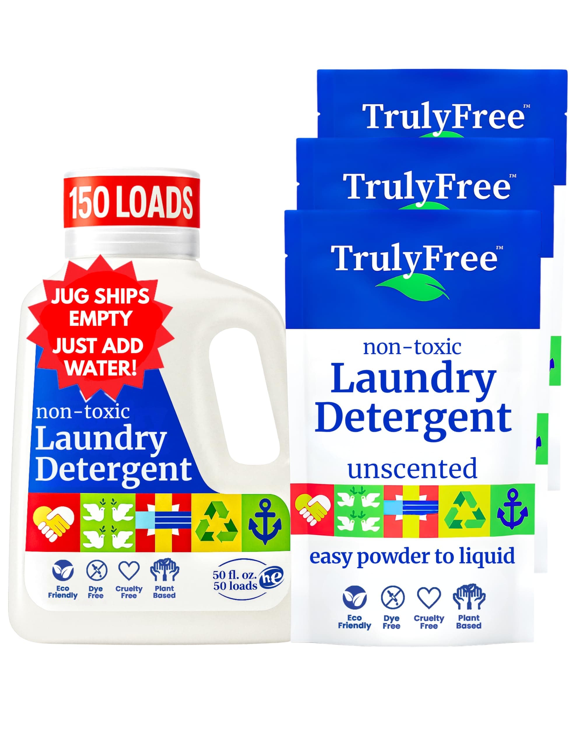 Truly Free Natural Laundry Detergent for Sensitive Skin | Eco Friendly, Plant Based, Baby Clothes Safe | Clean & Easy Powder to Liquid, 1 Pack Detergent + 1 Refillable Jug | Unscented, 150 Loads