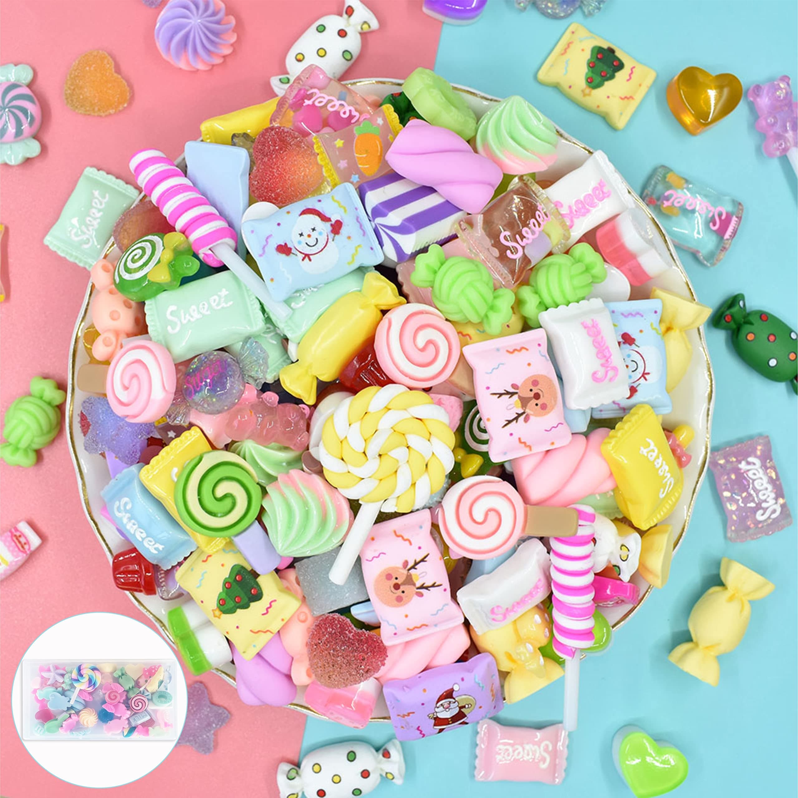 60PCS Slime Charms Mixed Kawaii Cute Set Resin Charms，Candy Resin Charms Flatback Slime Beads Making Supplies for DIY Craft , Scrapbooking, Hair Clip, etc