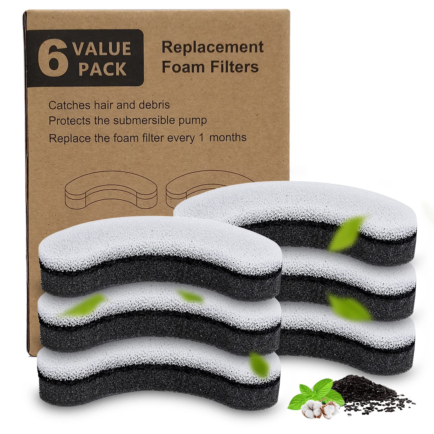 OYESauto Cat Water Fountain Filter,Arc-Shaped Sponge Activated Carbon Cat Fountain Filter compatible WF050 & WF100 Automatic Pet Water Fountain (6 Pack)