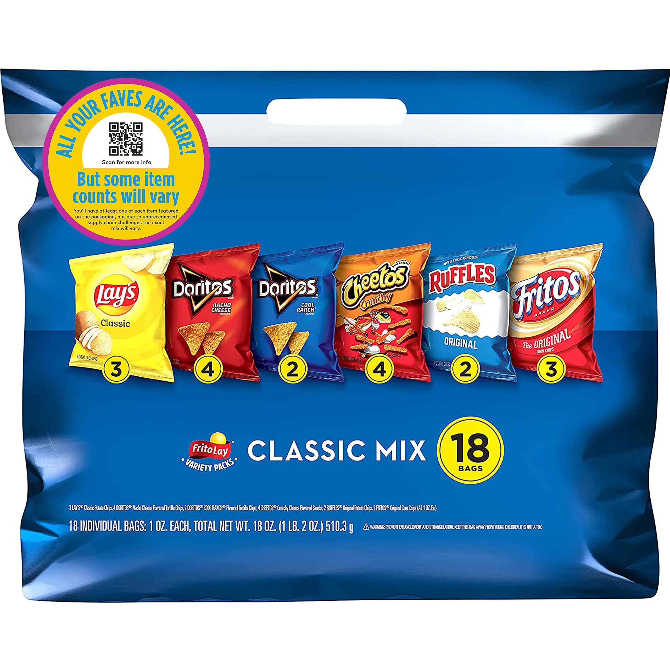 Snacks Classic Mix Chips Variety Pack, Lay's, Doritos, Fritos, Ruffles, Cheetos, 1oz Bags, (18 Pack) (Assortment May Vary)
