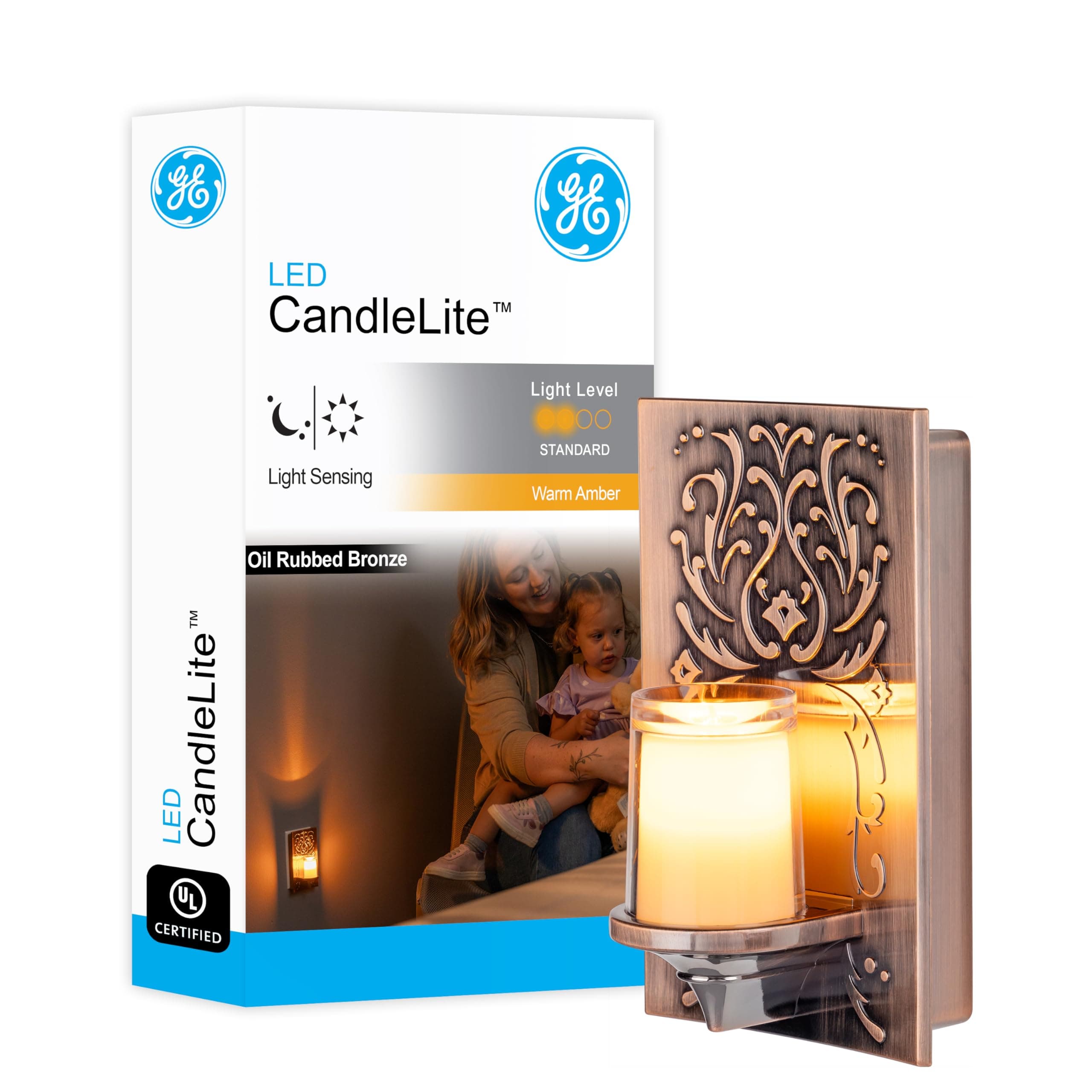 GE LED CandleLite Night Light, Plug-in, Dusk to Dawn Sensor, Flameless Candle, Sunset Light, Home Decor, LED Lights for Bedroom, Bathroom, Kitchen, Oil-Rubbed Bronze, 11258