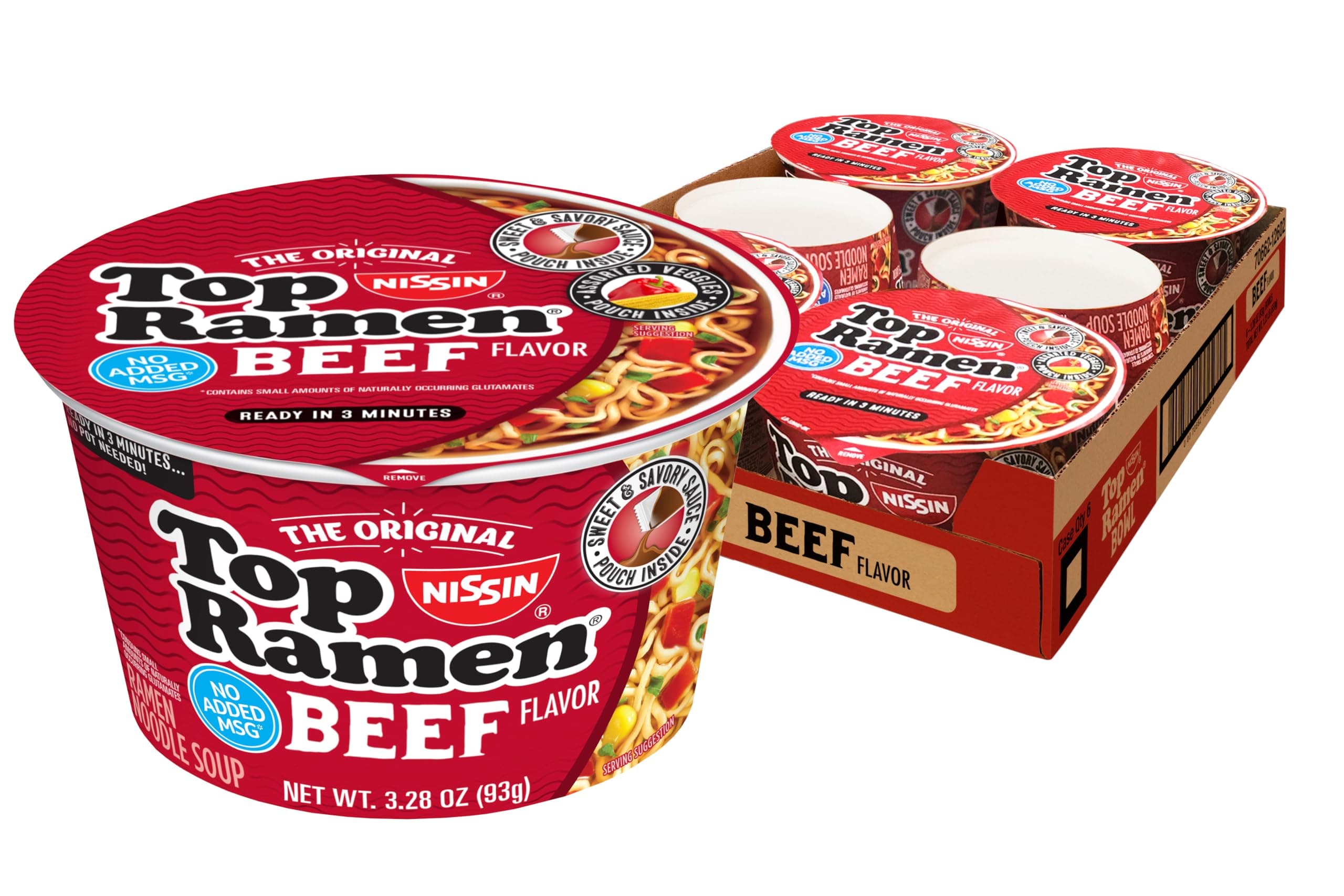 NISSIN Ramen Top Ramen Bowl Noodle Soup, Beef, 3.28 Ounce (Pack of 6)
