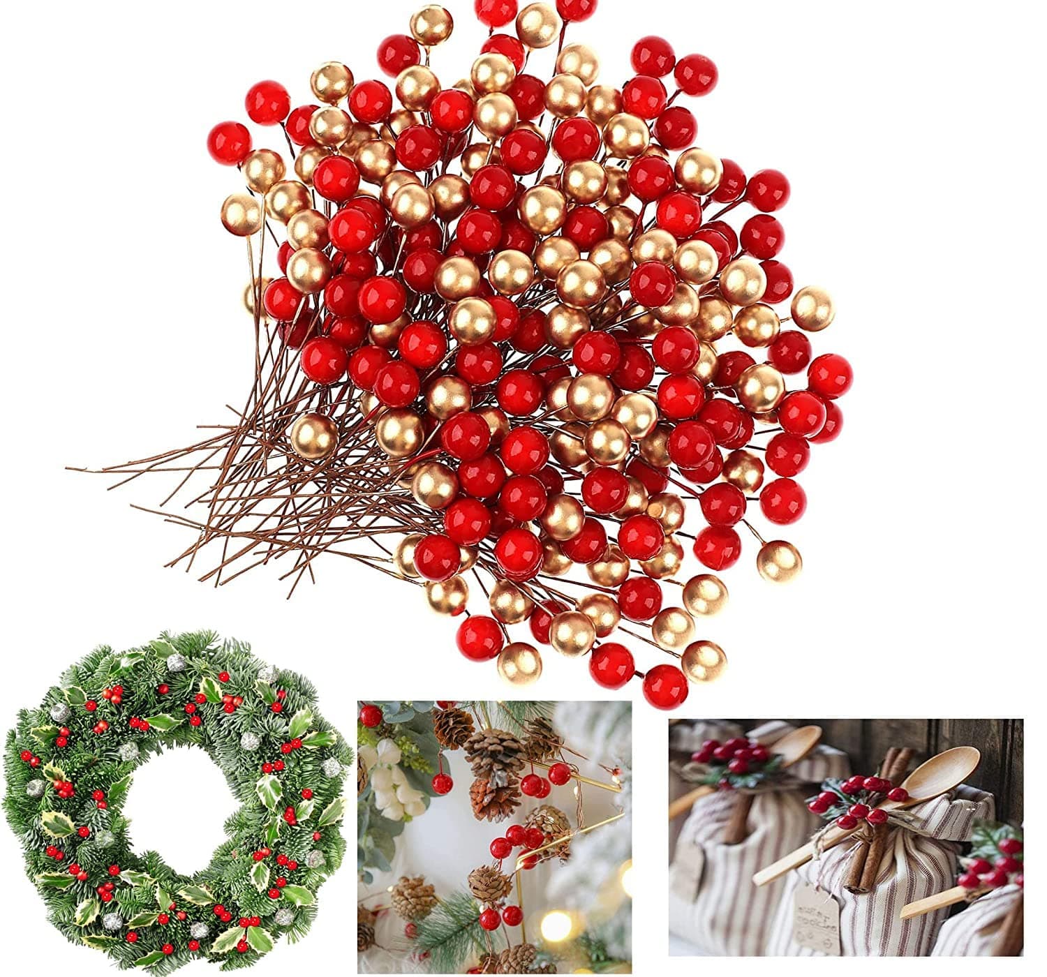 Ascension 100 Pcs Red Golden Christmas Berries for Xmas Tree Decoration, Wreath Making, DIY Craft & Decoration Item