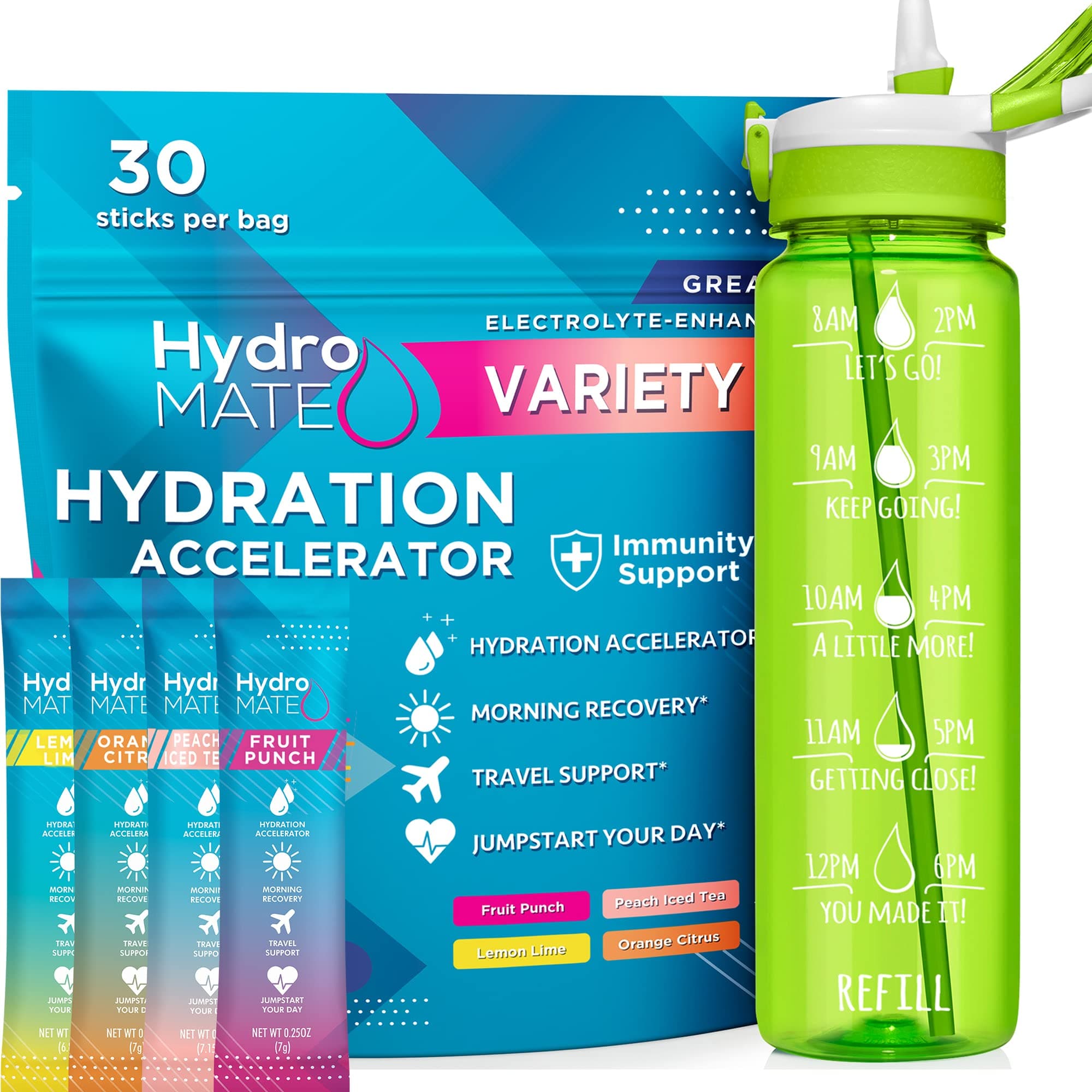 NatureWorks HydroMATE Electrolytes Powder Packets Party Recovery Variety Pack 30 Sticks and 32 oz Water Bottle with Time Markers Motivational Water Bottle BPA Free Straw Bottle Bundle