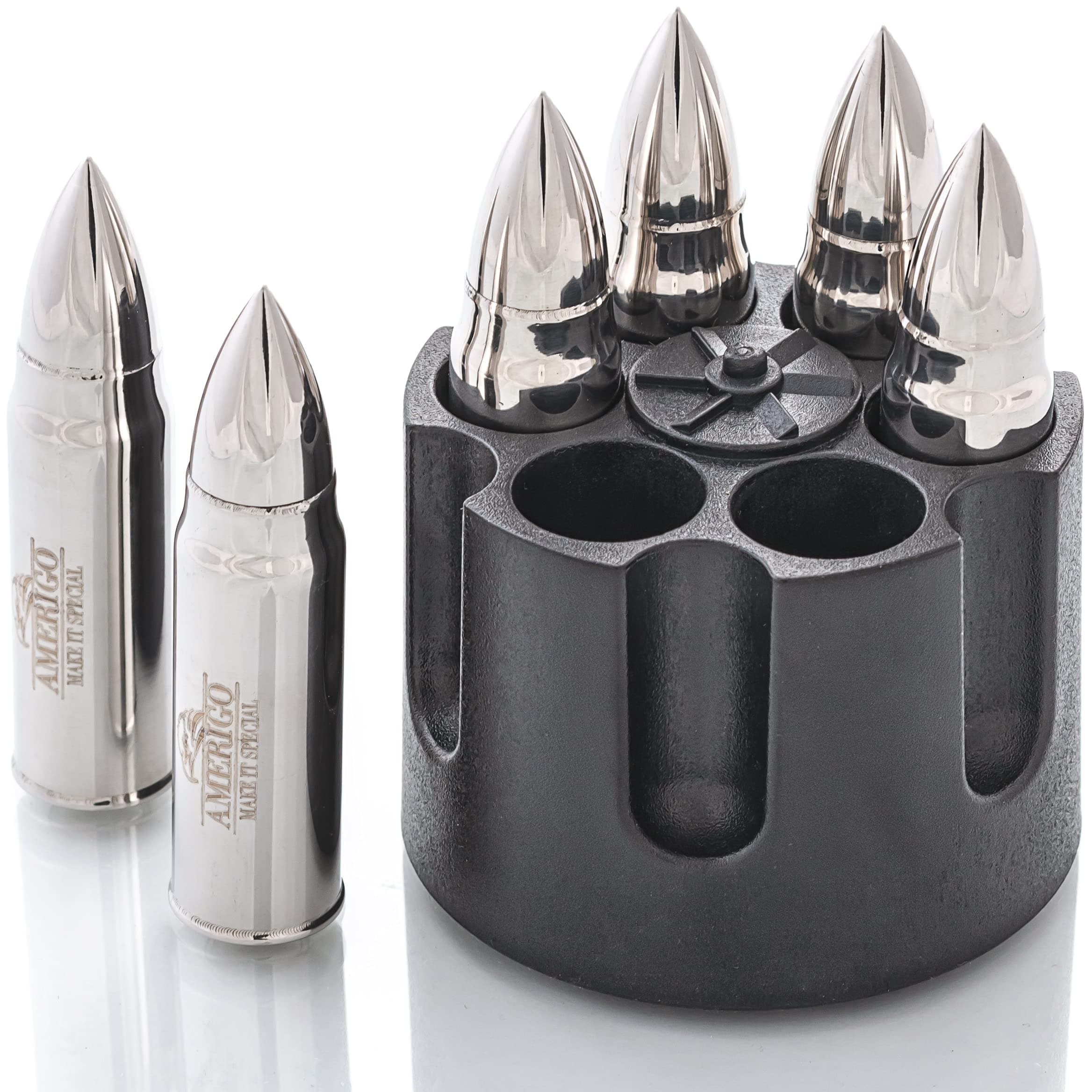 AMERIGO MAKE IT SPECIALWhiskey Stones Bullets with Base - Silver XL Whiskey Ice Cubes Reusable for Men - Set of 6 Whiskey Bullets Stainless Steel in Revolver Base - Chilling Whiskey Rocks Gift Set by