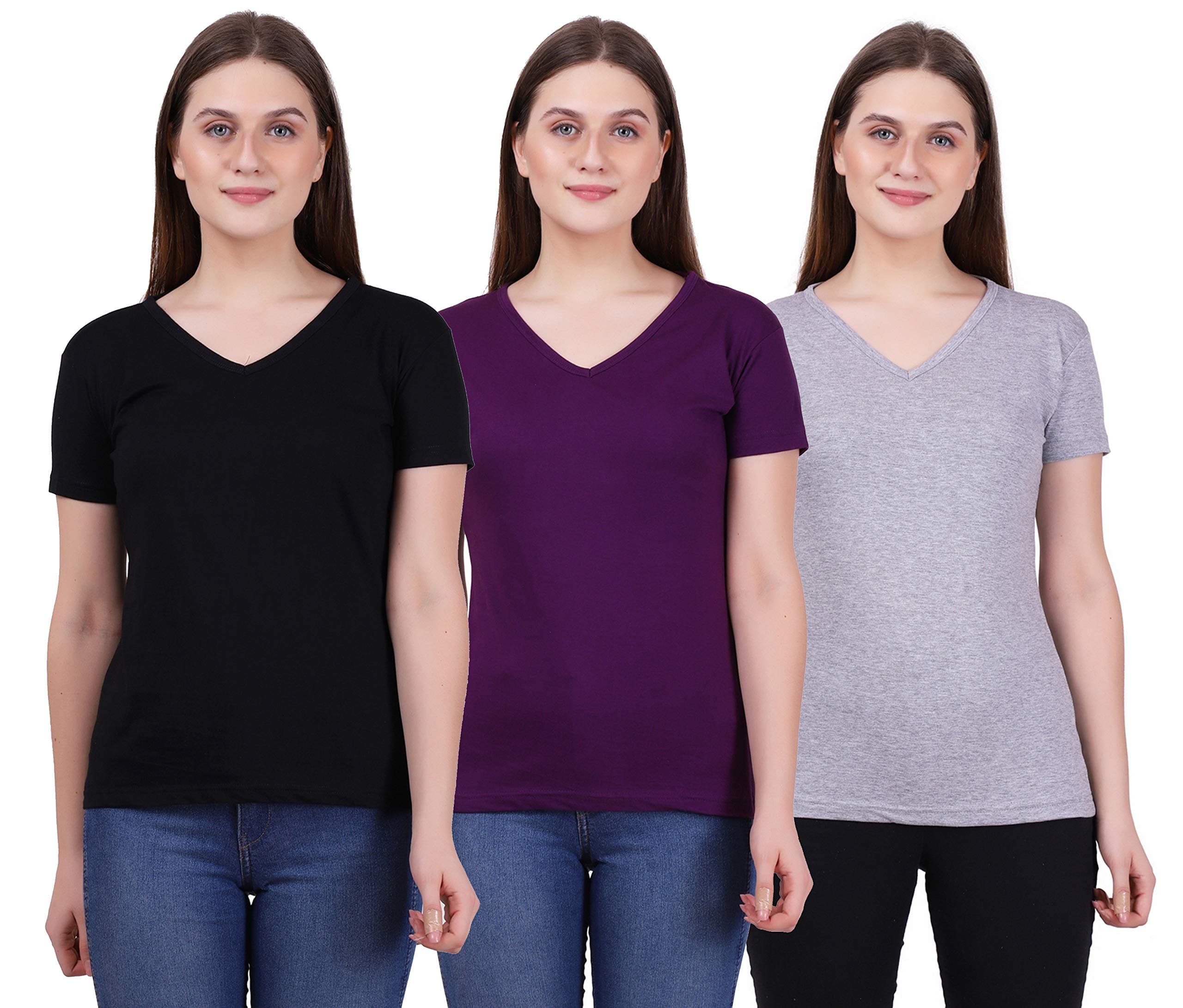 Women's Cotton Plain V Neck Half Sleeve Black Purple & Grey Melange Color T-Shirt Size - Pack of 3