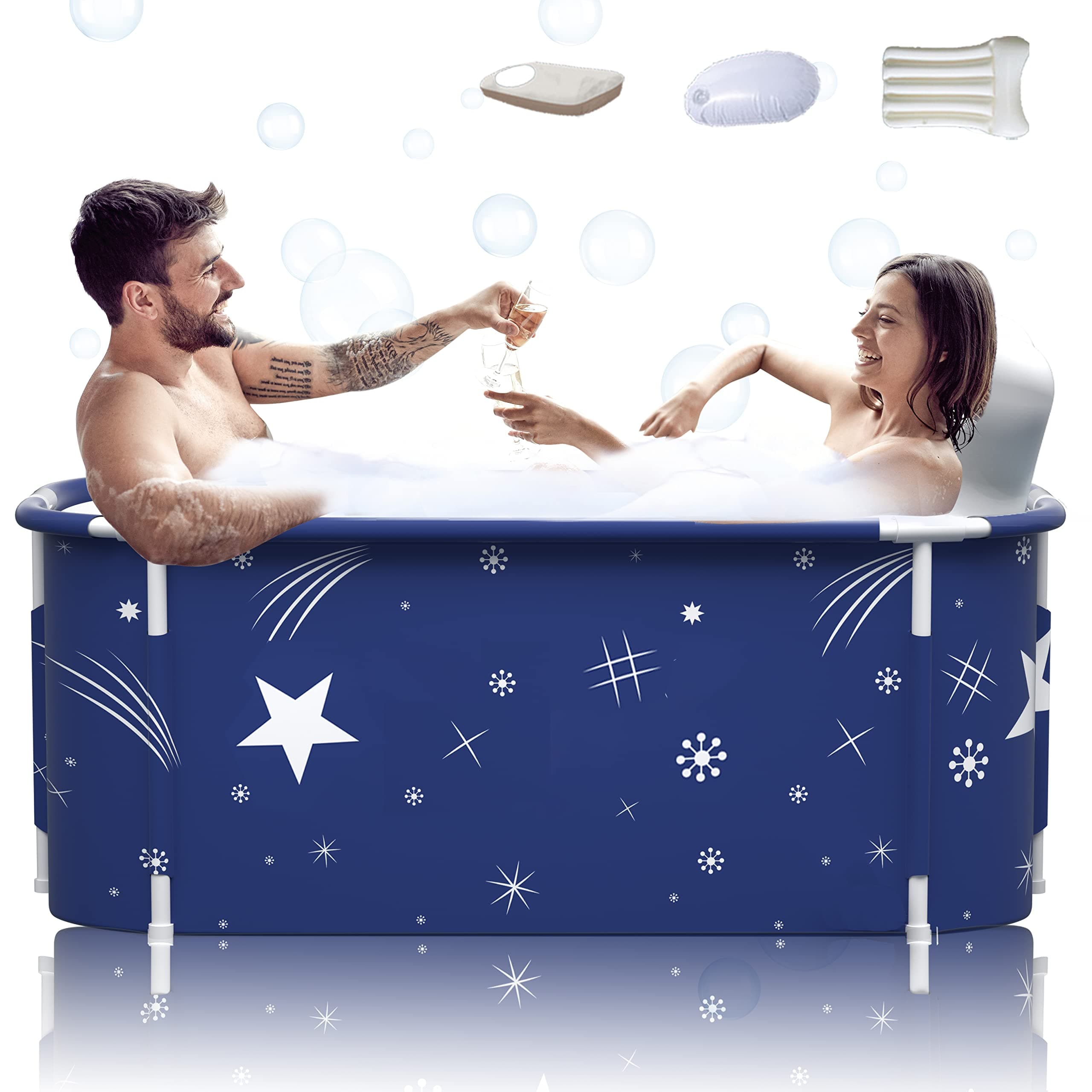 53" Extra Large Portable Foldable Bathtub with Cover for Adult, Family SPA Soaking Tub for Small Bathroom, Thicken Multiple Layer Bathtub with Lid for Shower Stall (53" Stars Style)