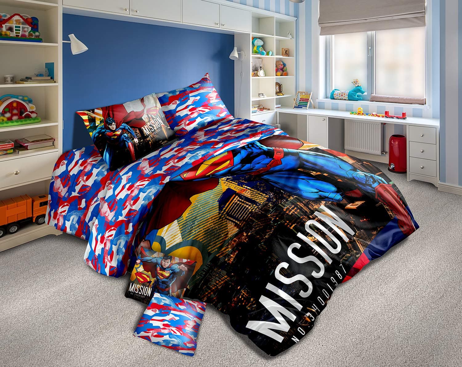 WarnerBros Warner Bros. Superman 4 Pcs Kids Bedding Set - Super Soft & Fade Resistant - Includes Comforter, Pillow Sheet, Bed Sheet, & Cushion (Official Warner Bros. Product)