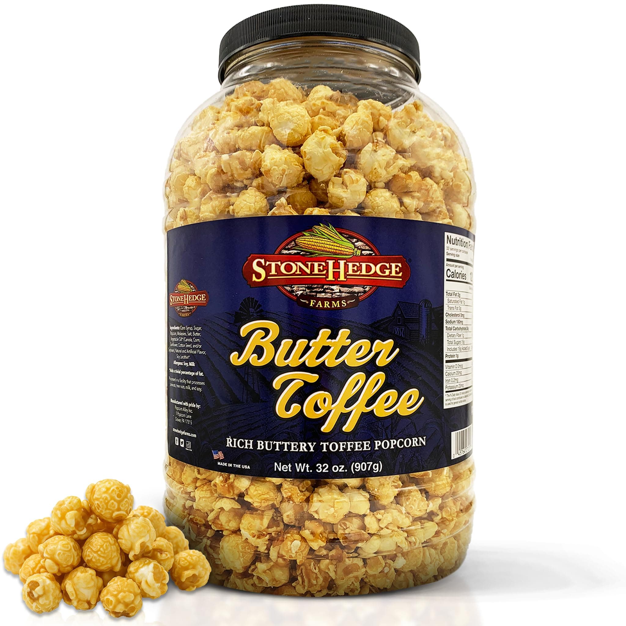 Butter Toffee Flavored Popcorn | 32 oz Large Tub | Perfect for Holidays and Christmas | Bulk Gourmet Popped Sweet Snacks | Pop Corn 2 Pound Gift