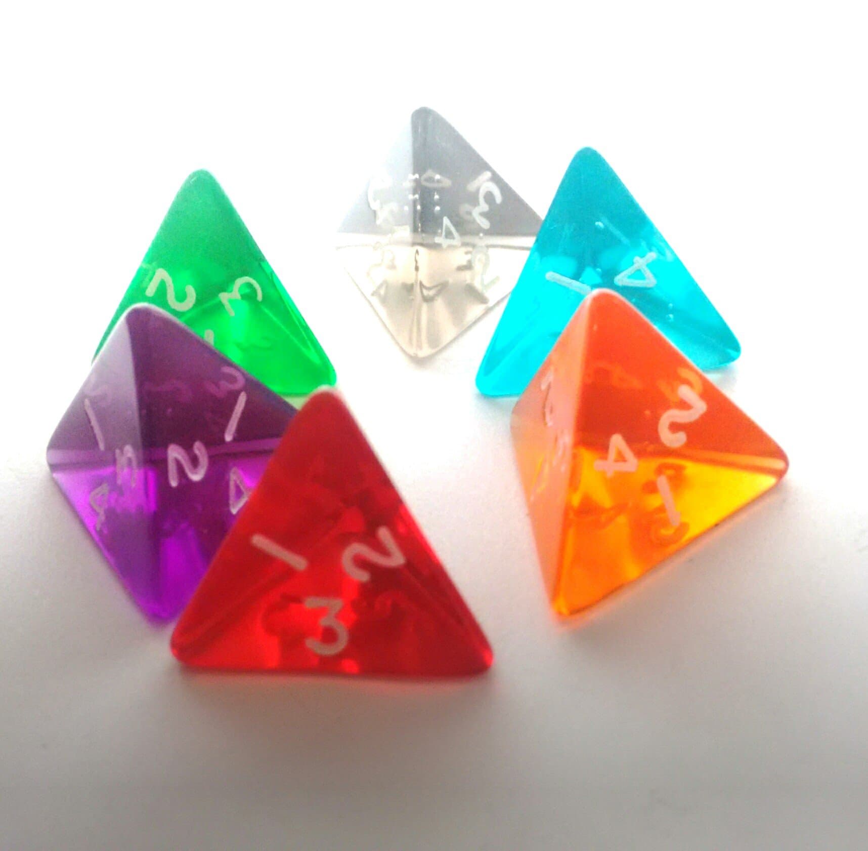 Gem D4 Numbered dice, assorted colours x 6. Poly Dice