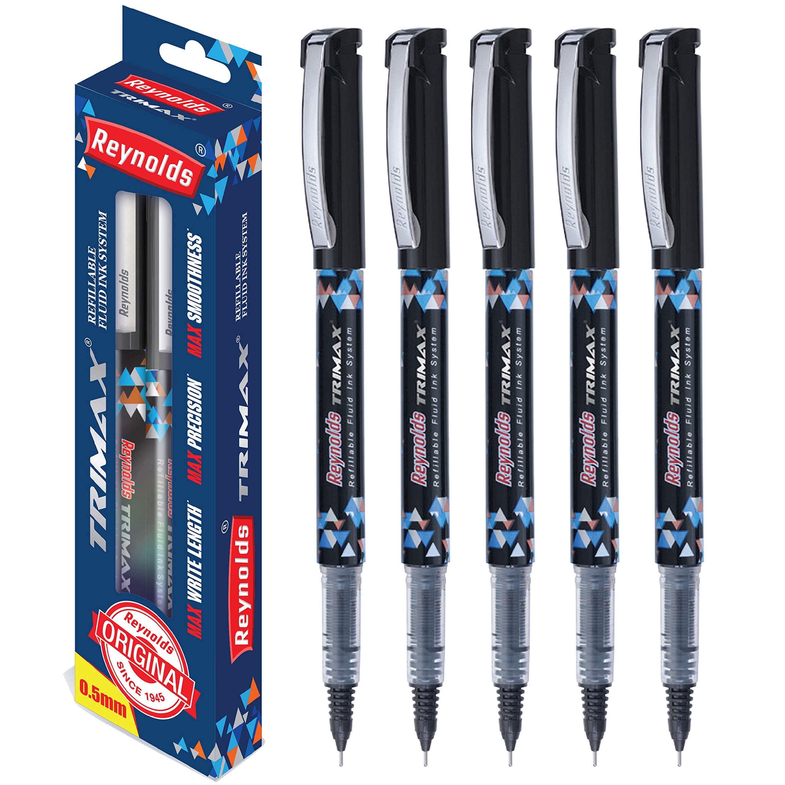 Reynolds Trimax 0.5Mm Needle Point Liquid Gel Pens - Pack of 5 Black Ink (Ship from India)