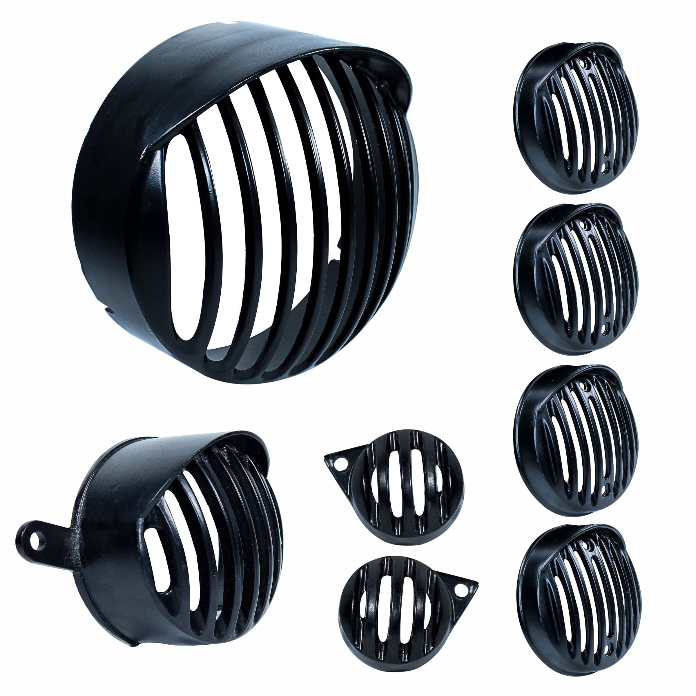SORAX Complete Metal Bullet Headlight, Taillight, Indicators Grills Set for Royal Enfield Bullet Classic 350 & 500 CC (Set of 8, Black with Cap)